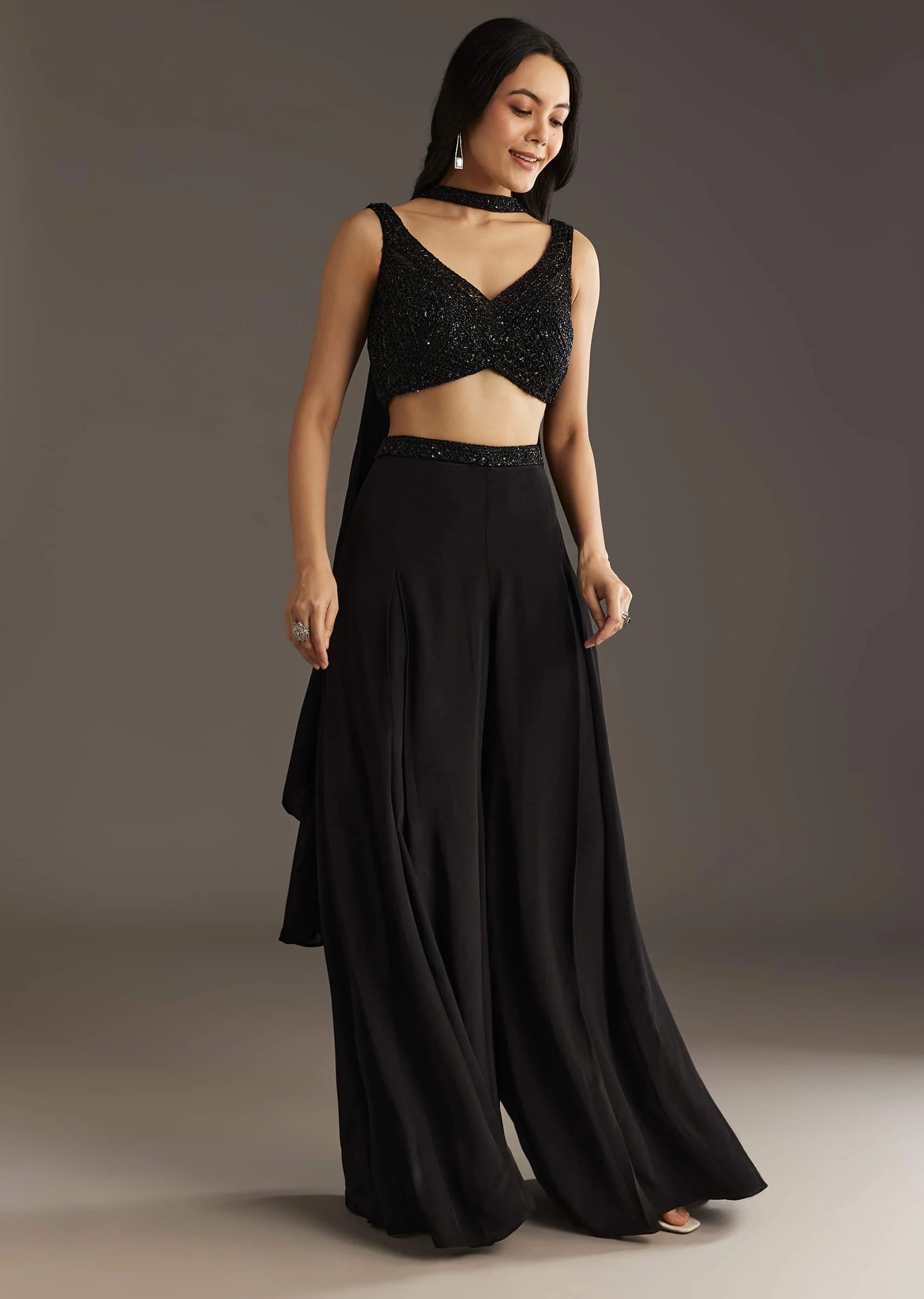 Black Crepe Embroidered Croptop With Embroidered Palazzo And Choker Dupatta - Image 8