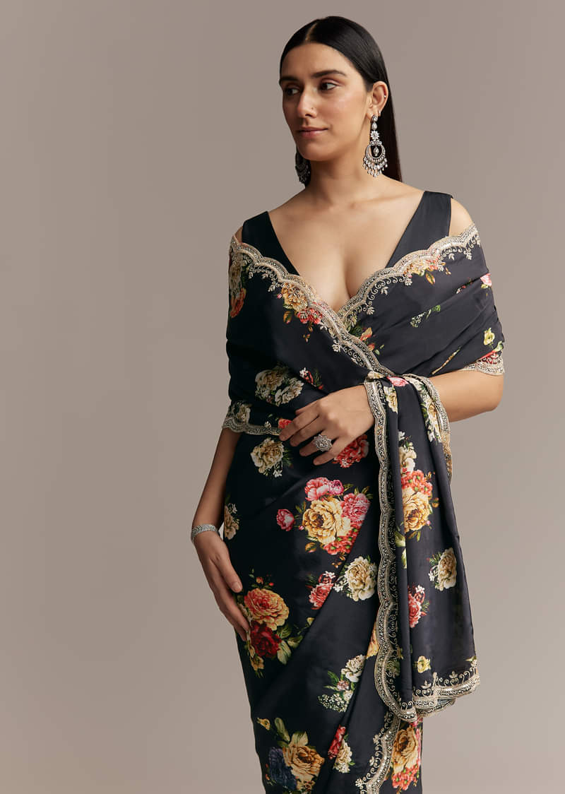 Black Crepe Saree With Floral Digital Print And Sequin Border - Image 5