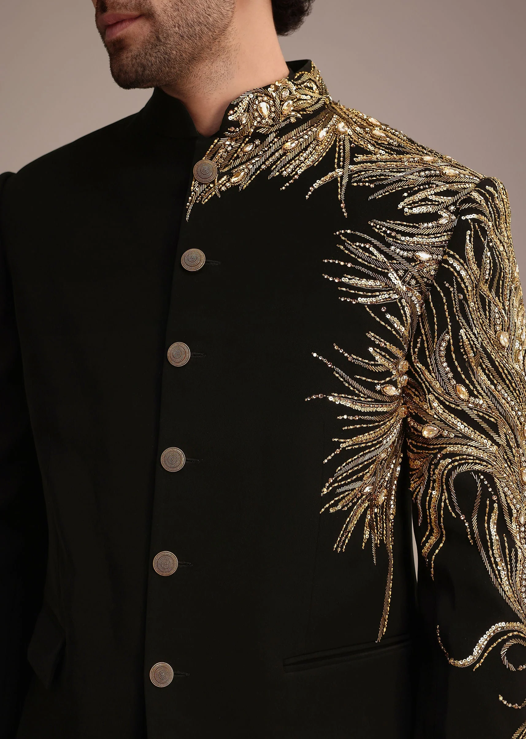 Black Crepe Tuxedo Suit With Hand Work - Image 2