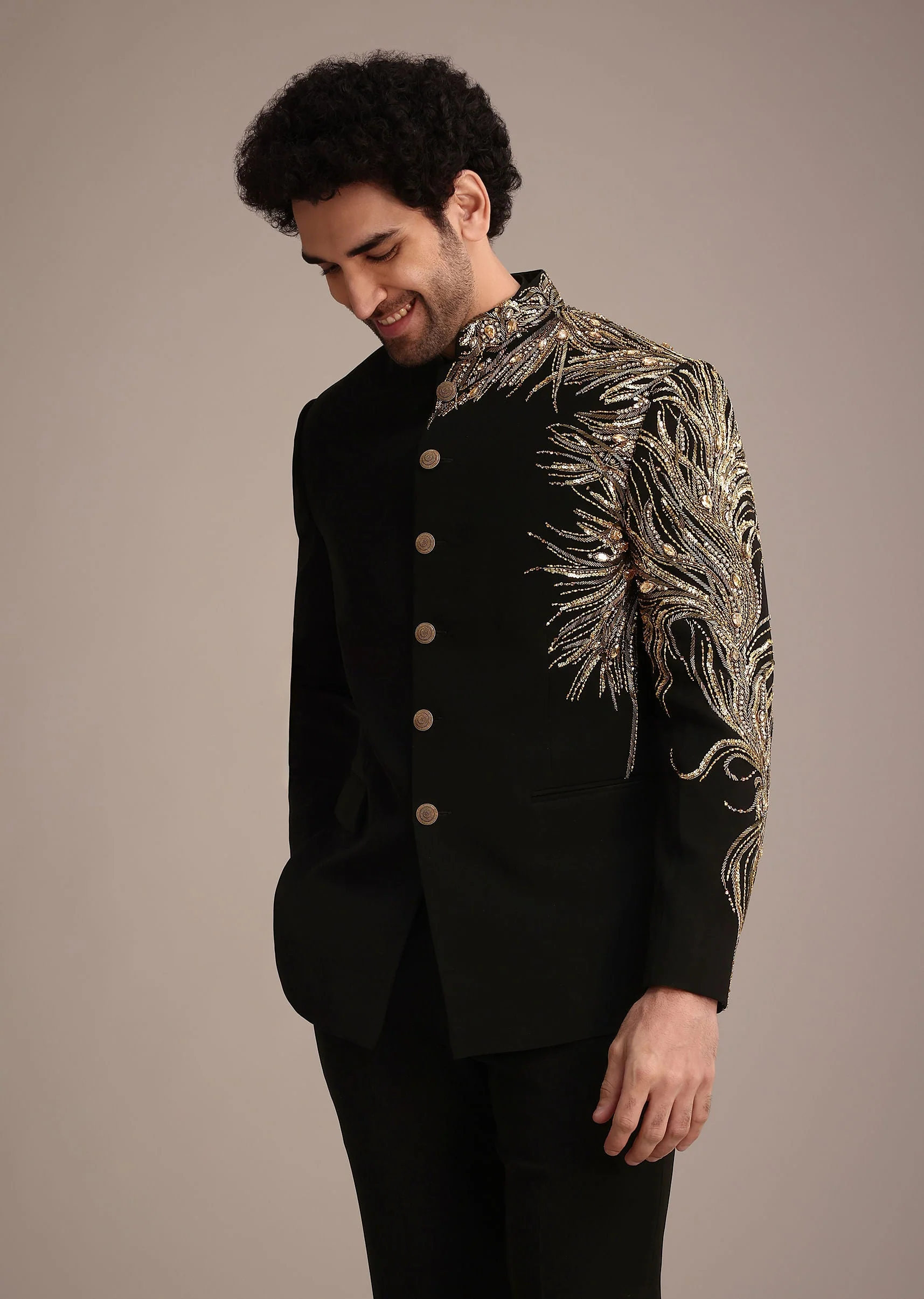 Black Crepe Tuxedo Suit With Hand Work - Image 4
