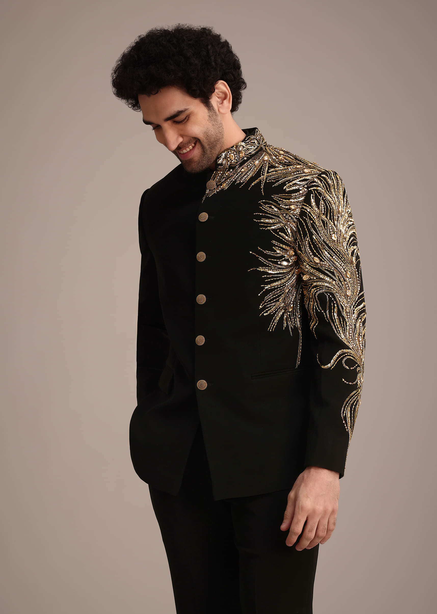 Black Crepe Tuxedo Suit With Hand Work - Image 8