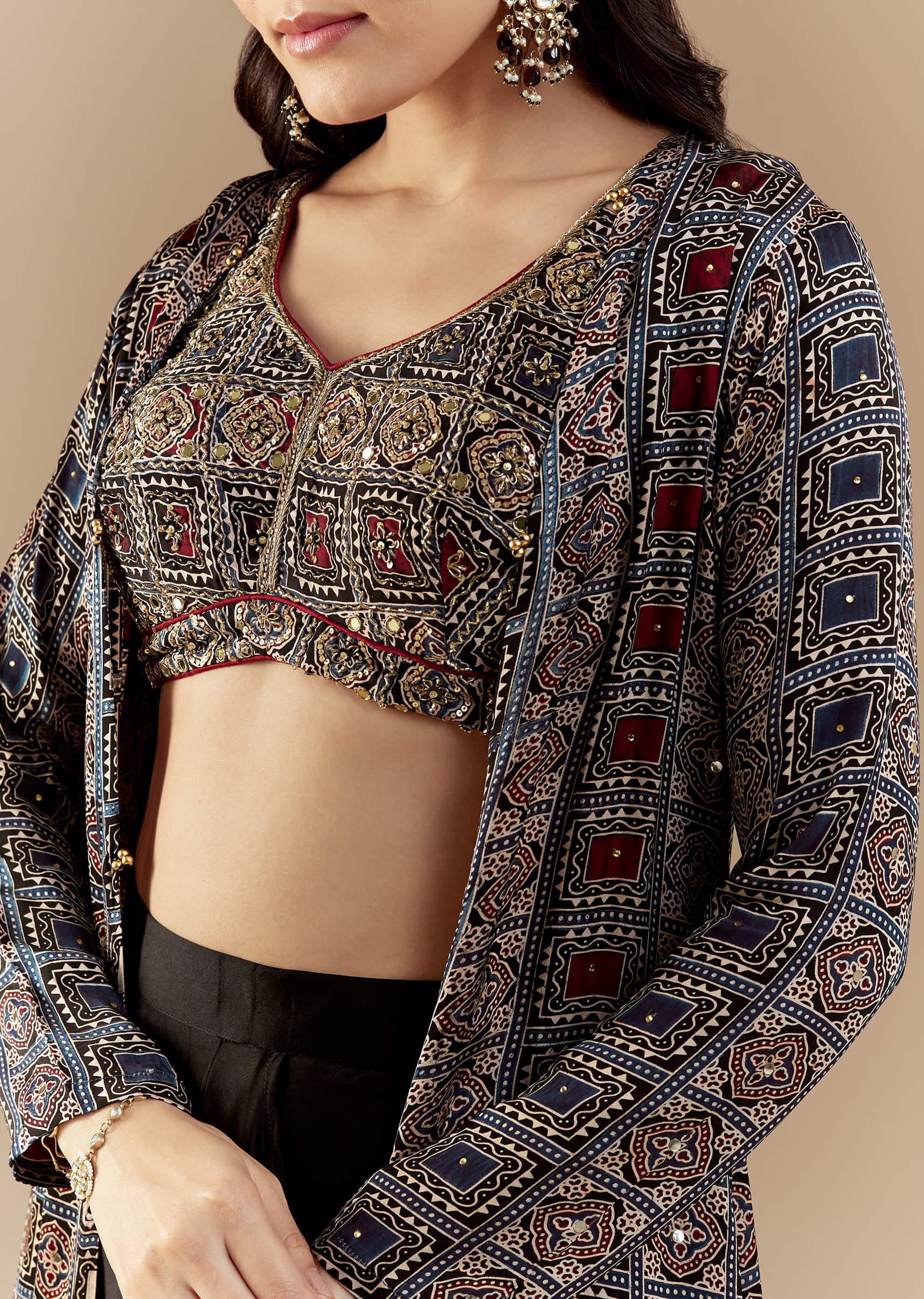 Black Crop Top and Skirt Set with Ajrakh - Image 2