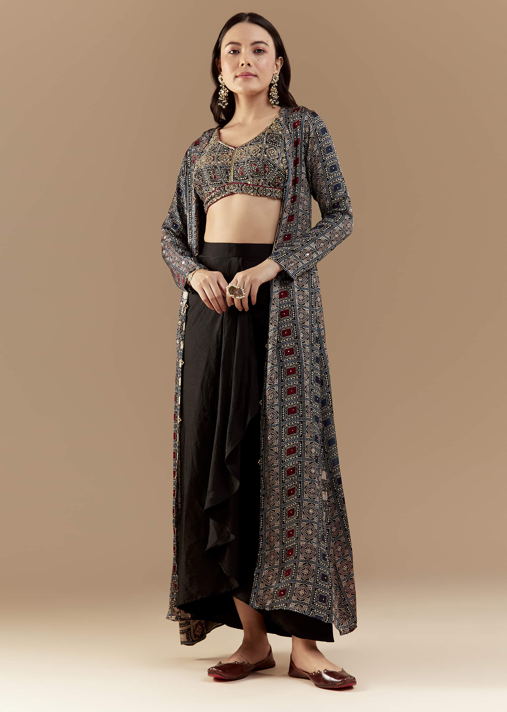 Black Crop Top and Skirt Set with Ajrakh - Image 3