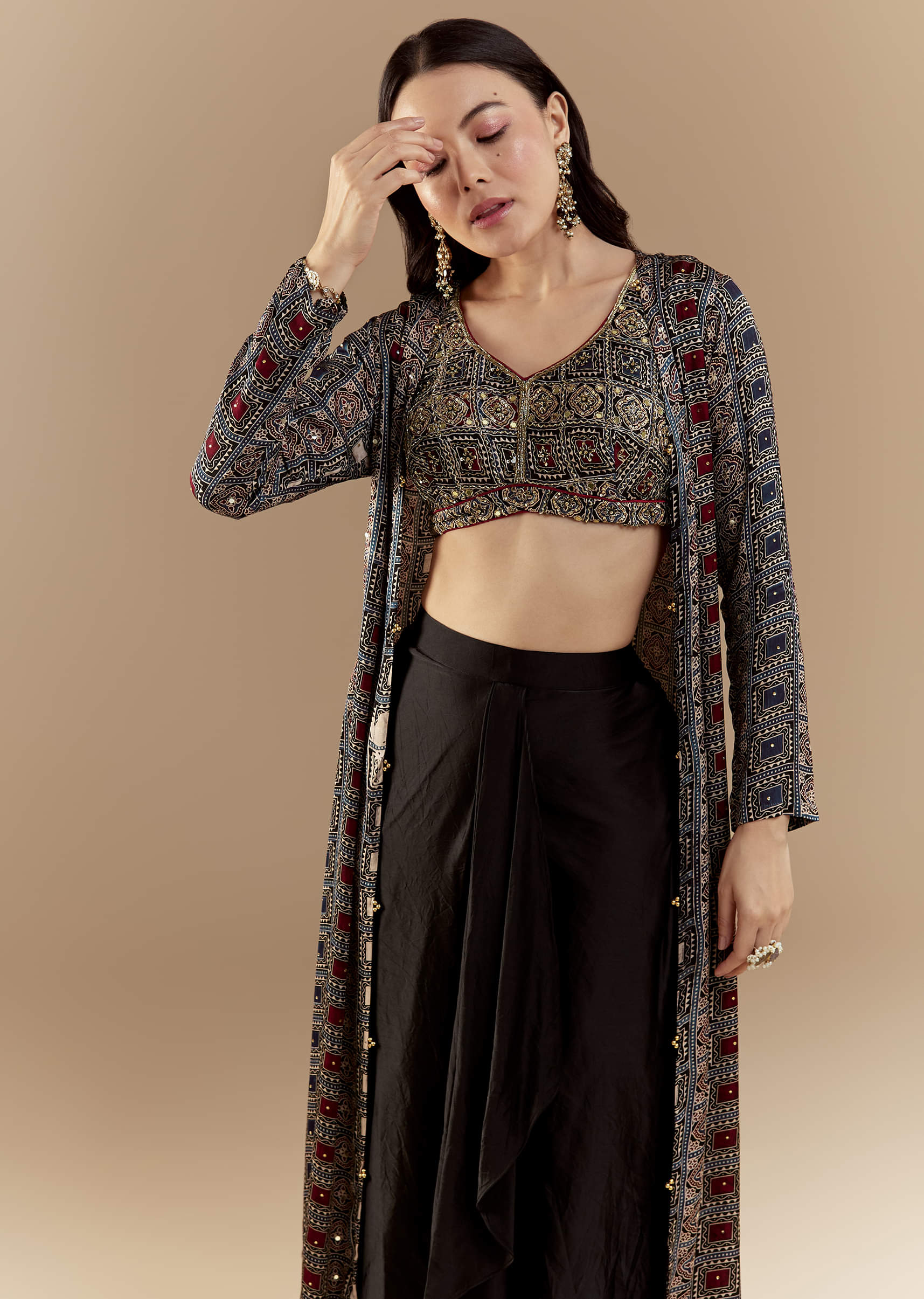 Black Crop Top and Skirt Set with Ajrakh - Image 4