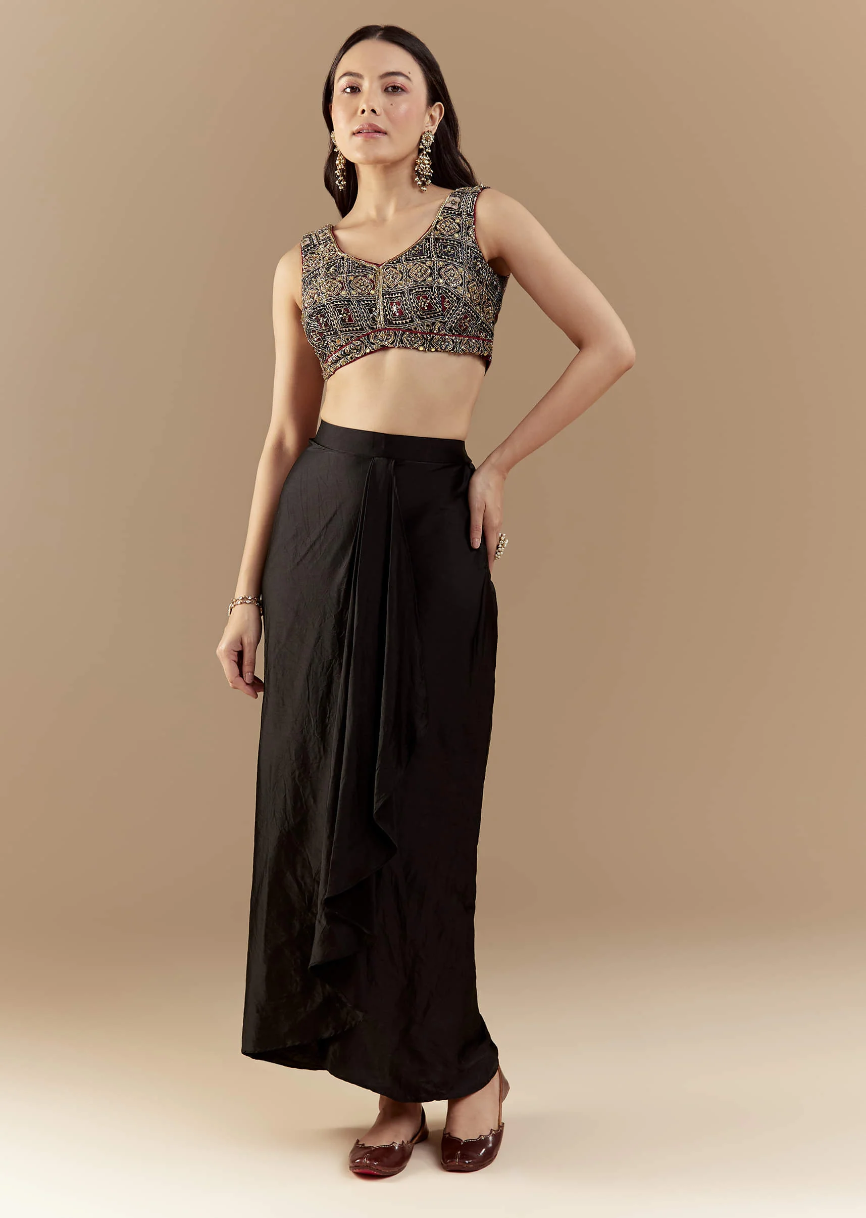 Black Crop Top and Skirt Set with Ajrakh - Image 6