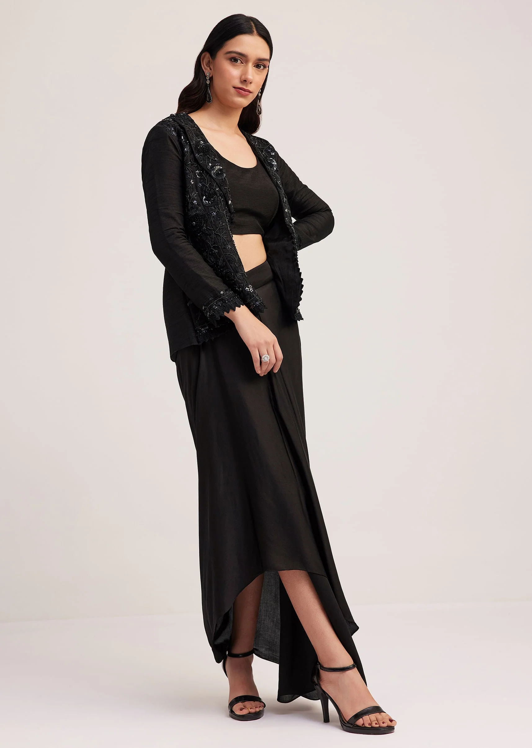 Black Crop Top Skirt And Embellished Jacket Set - Image 3