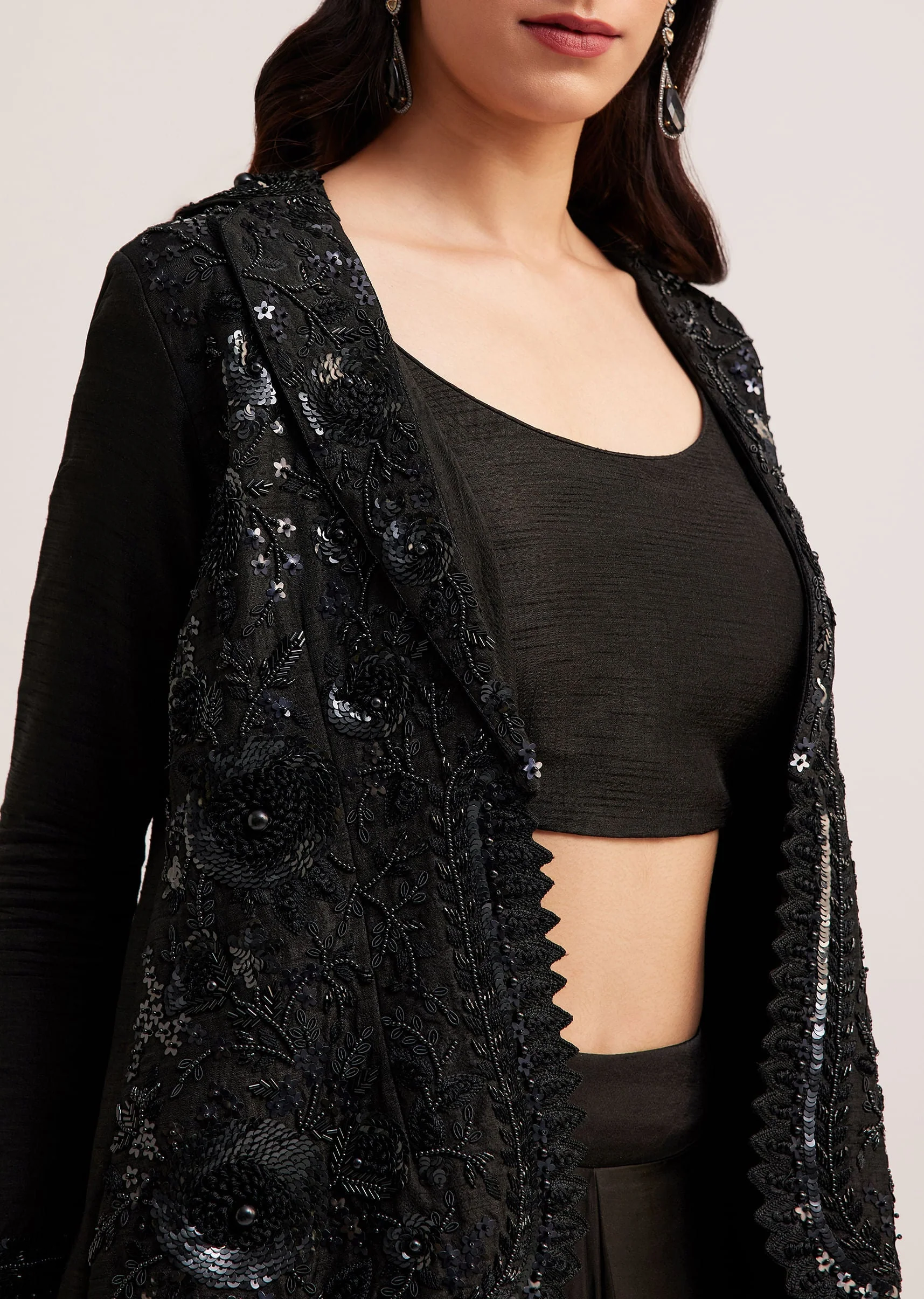 Black Crop Top Skirt And Embellished Jacket Set - Image 4