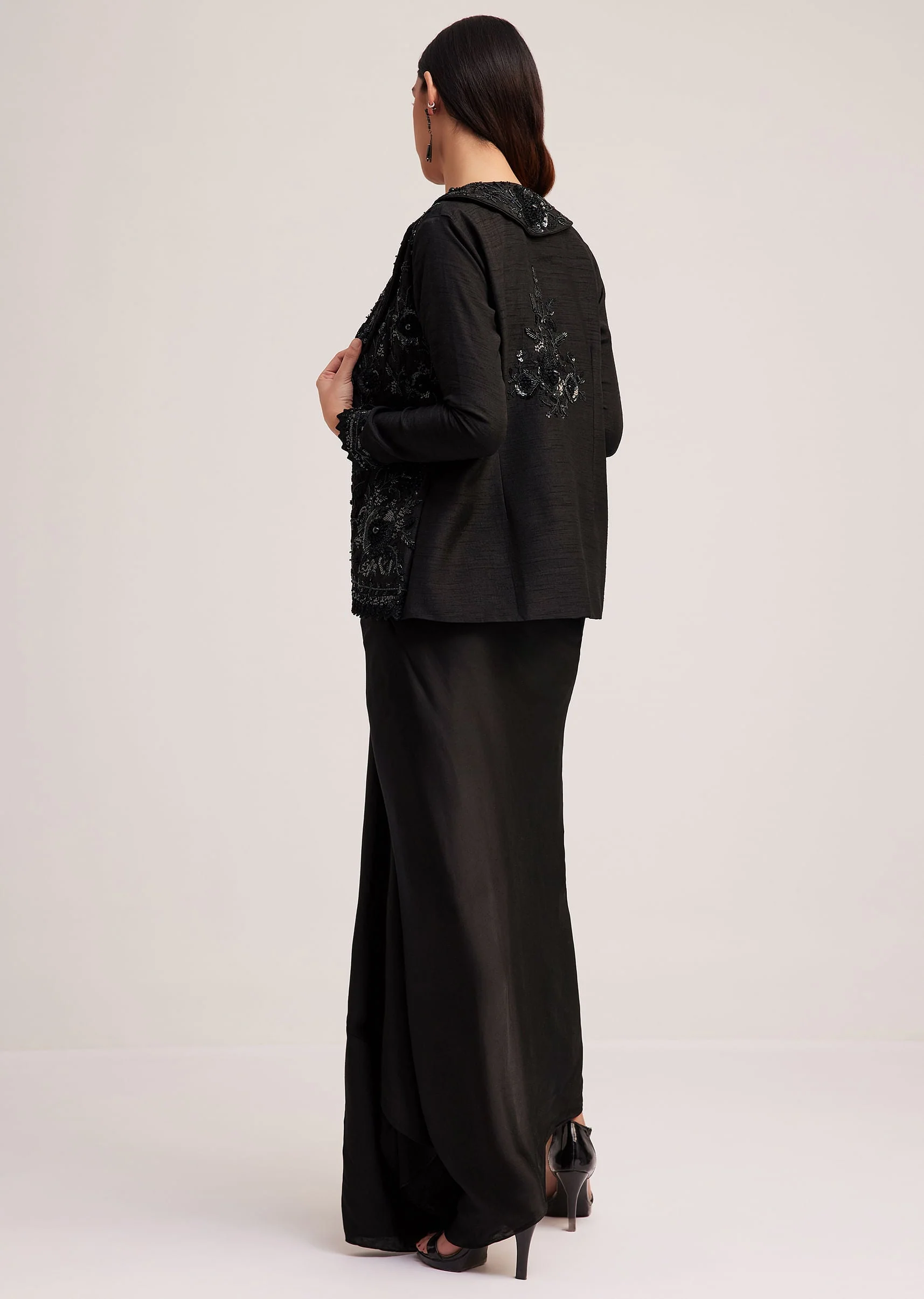 Black Crop Top Skirt And Embellished Jacket Set - Image 5
