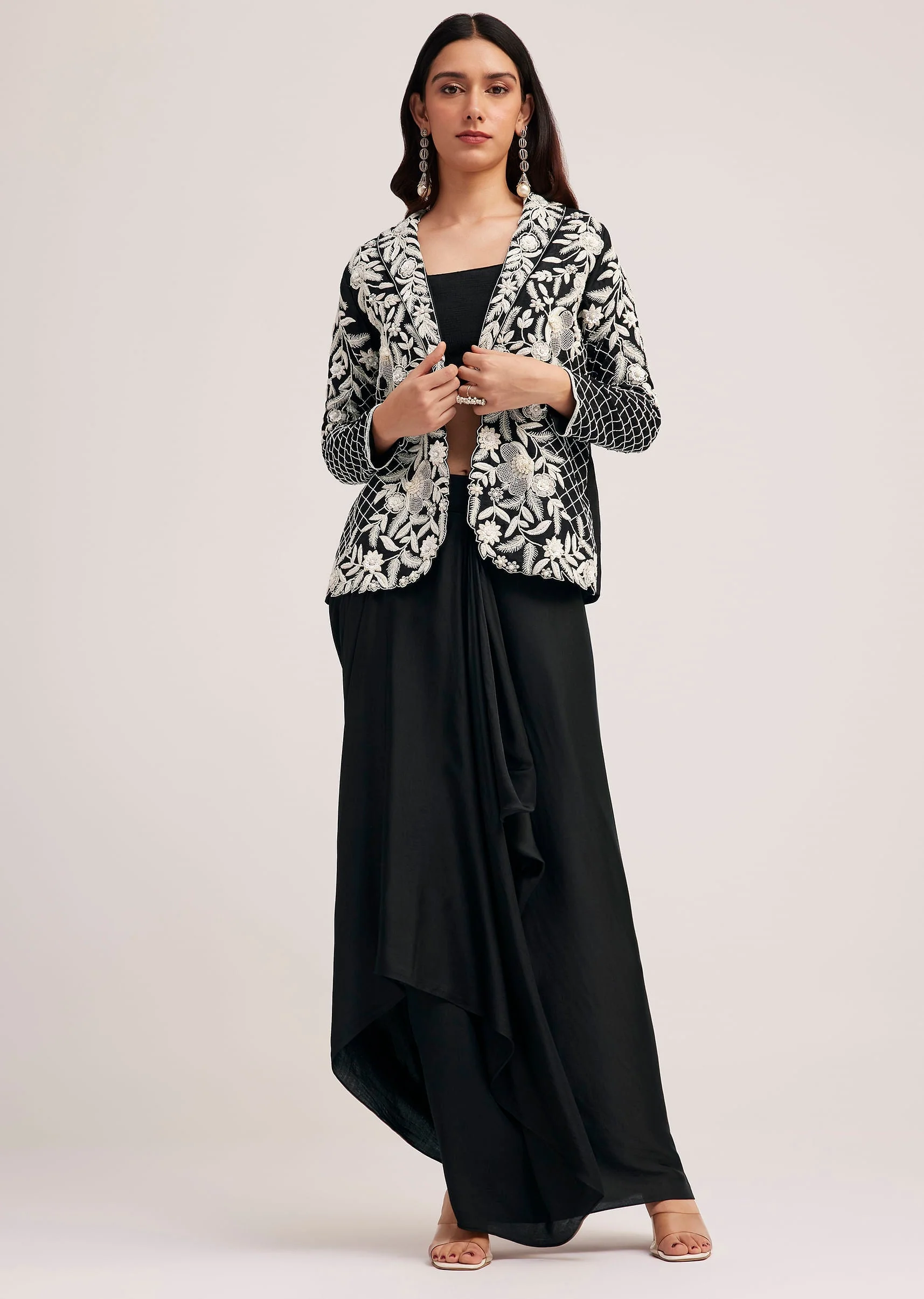 Black Crop Top Skirt And Embroidered Jacket Set - Image 3
