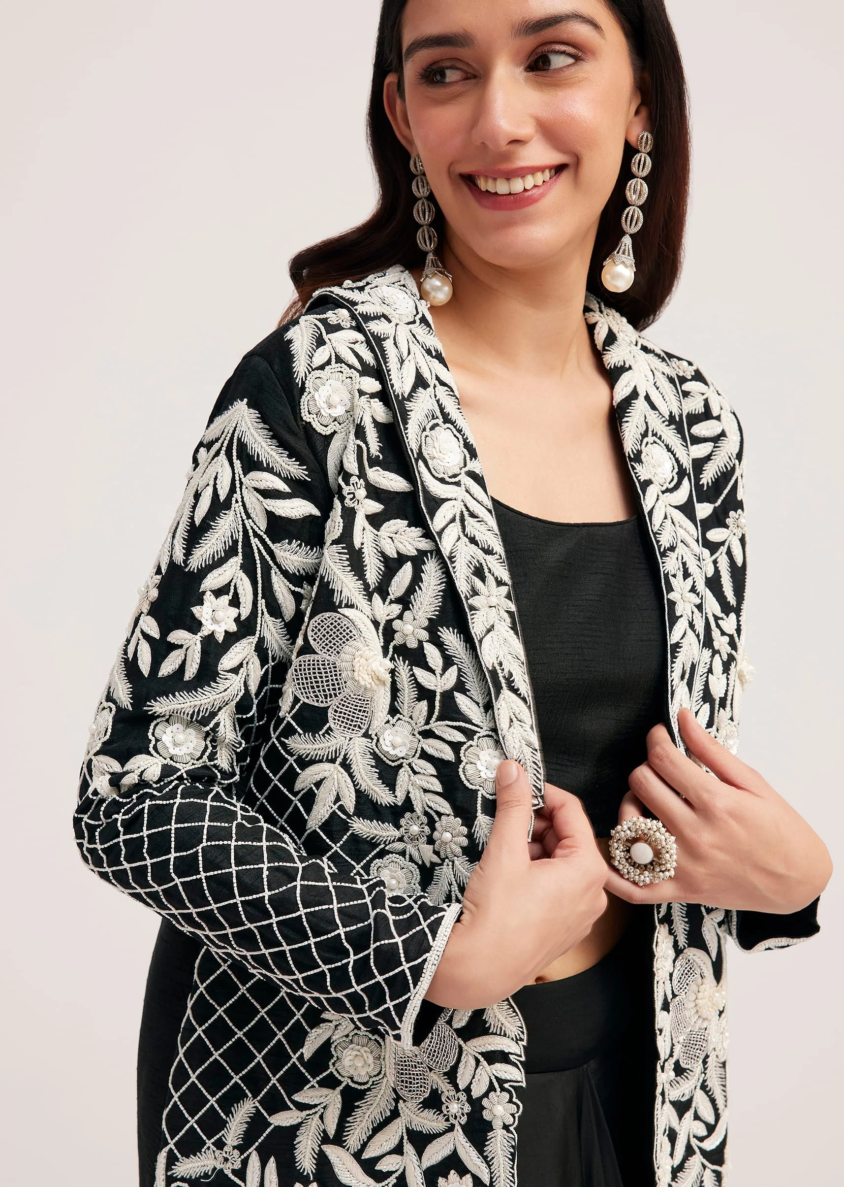 Black Crop Top Skirt And Embroidered Jacket Set - Image 4