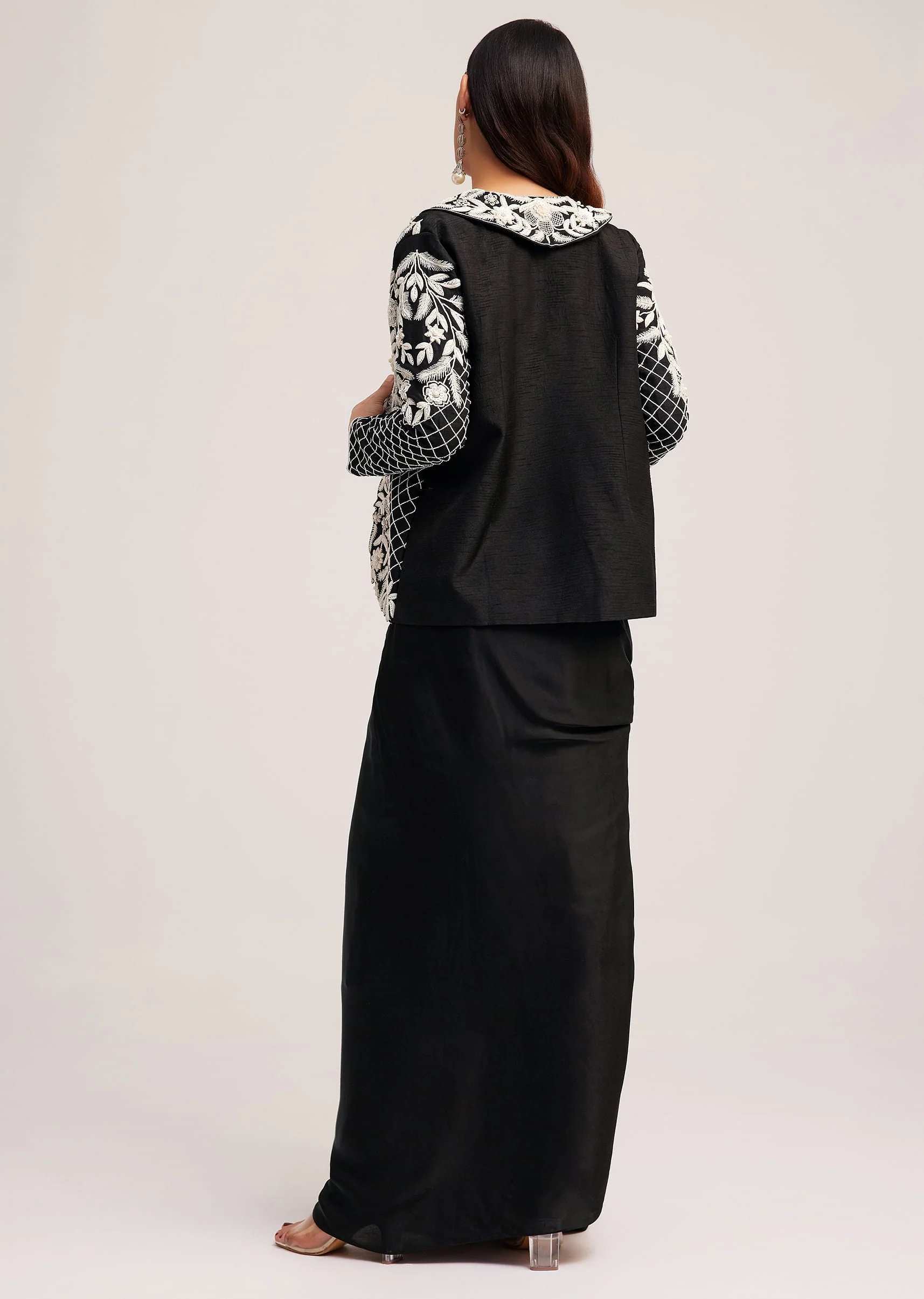 Black Crop Top Skirt And Embroidered Jacket Set - Image 5