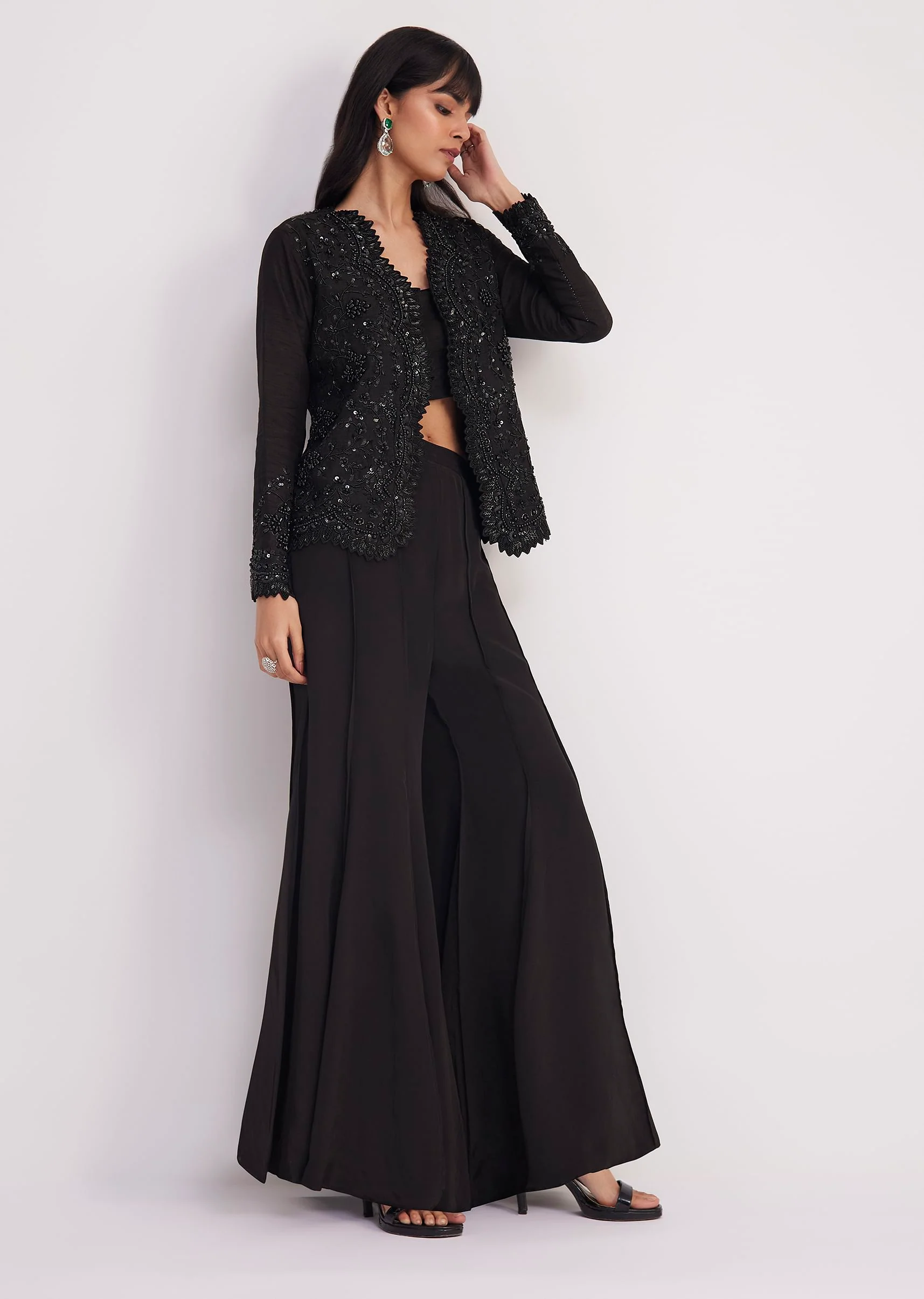 Black Crop Top With Flared Satin Palazzo - Image 3