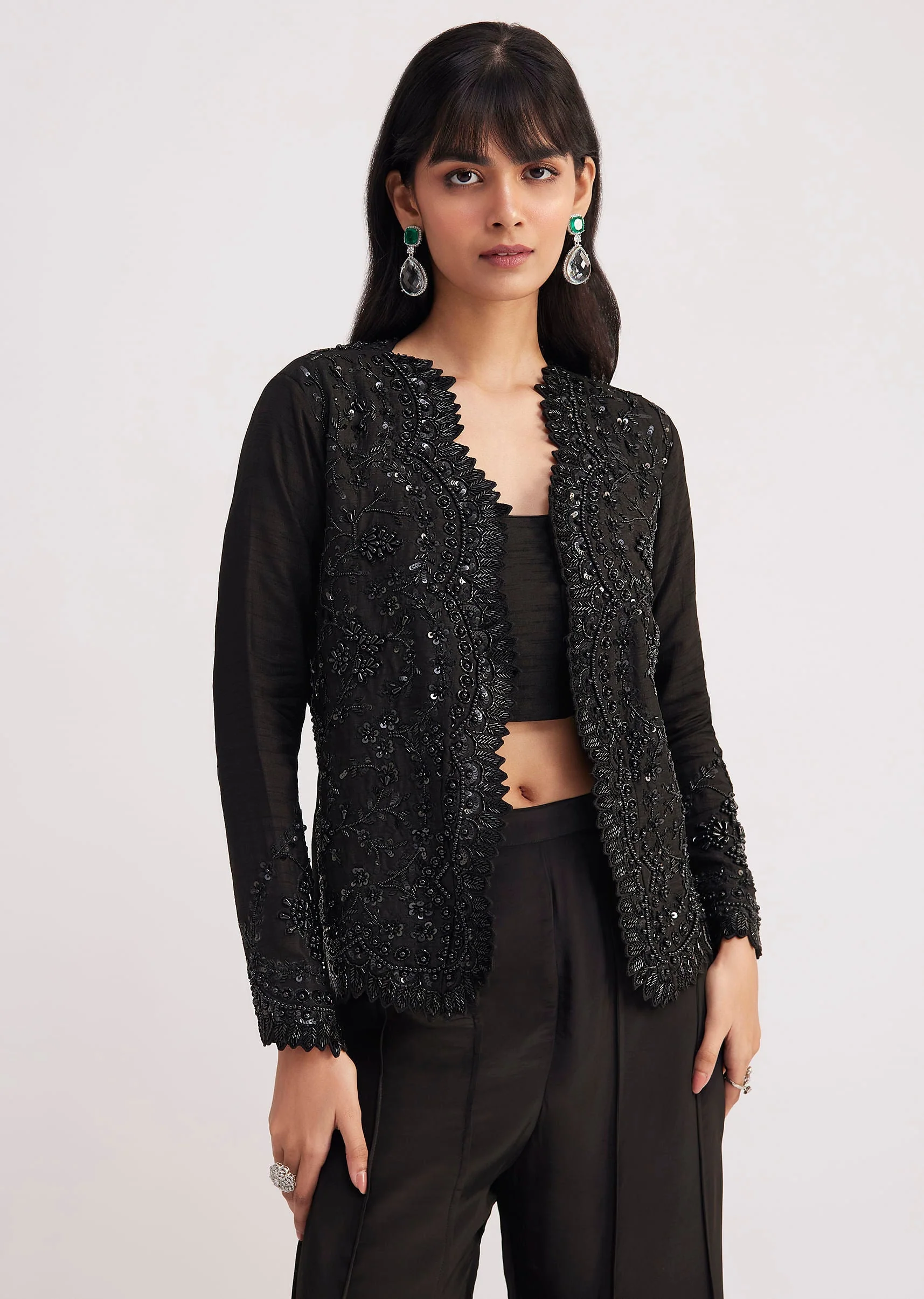 Black Crop Top With Flared Satin Palazzo - Image 4