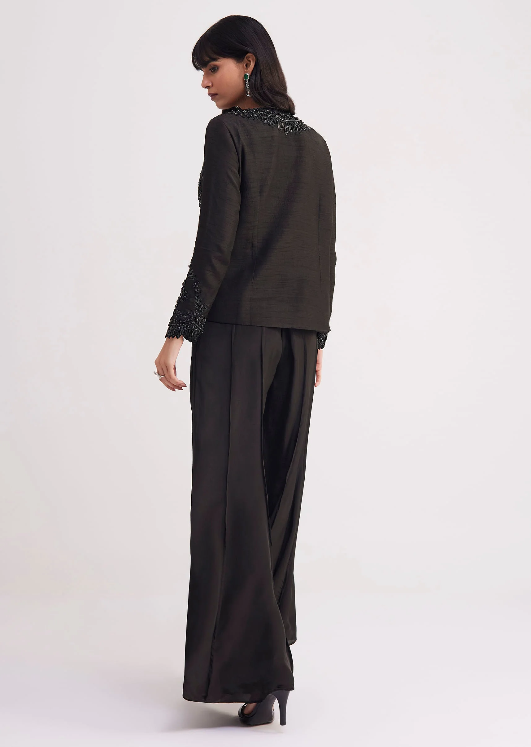 Black Crop Top With Flared Satin Palazzo - Image 5