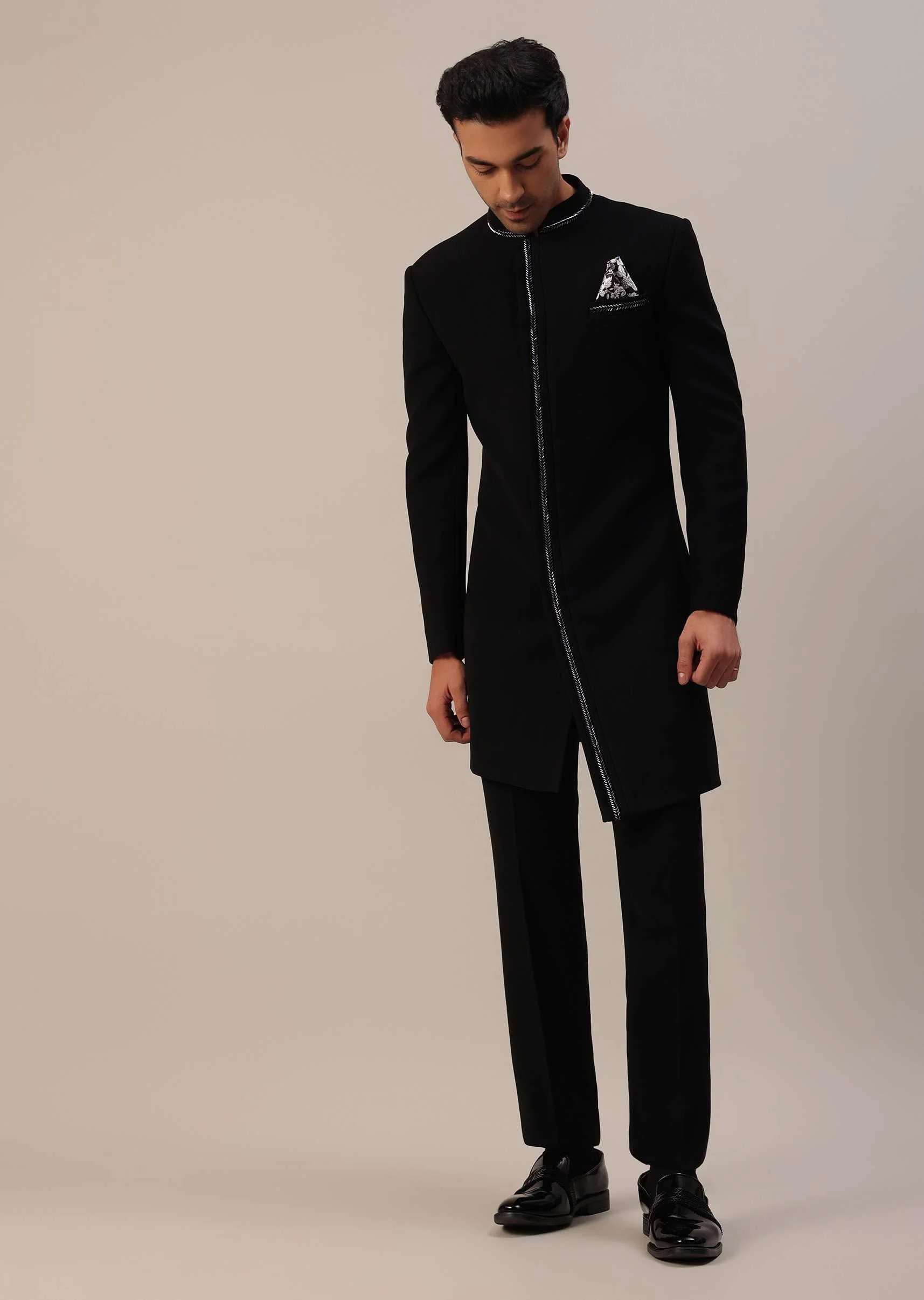 Black Cut Dana Embroidered Indowestern In Suiting Fabric - Image 4
