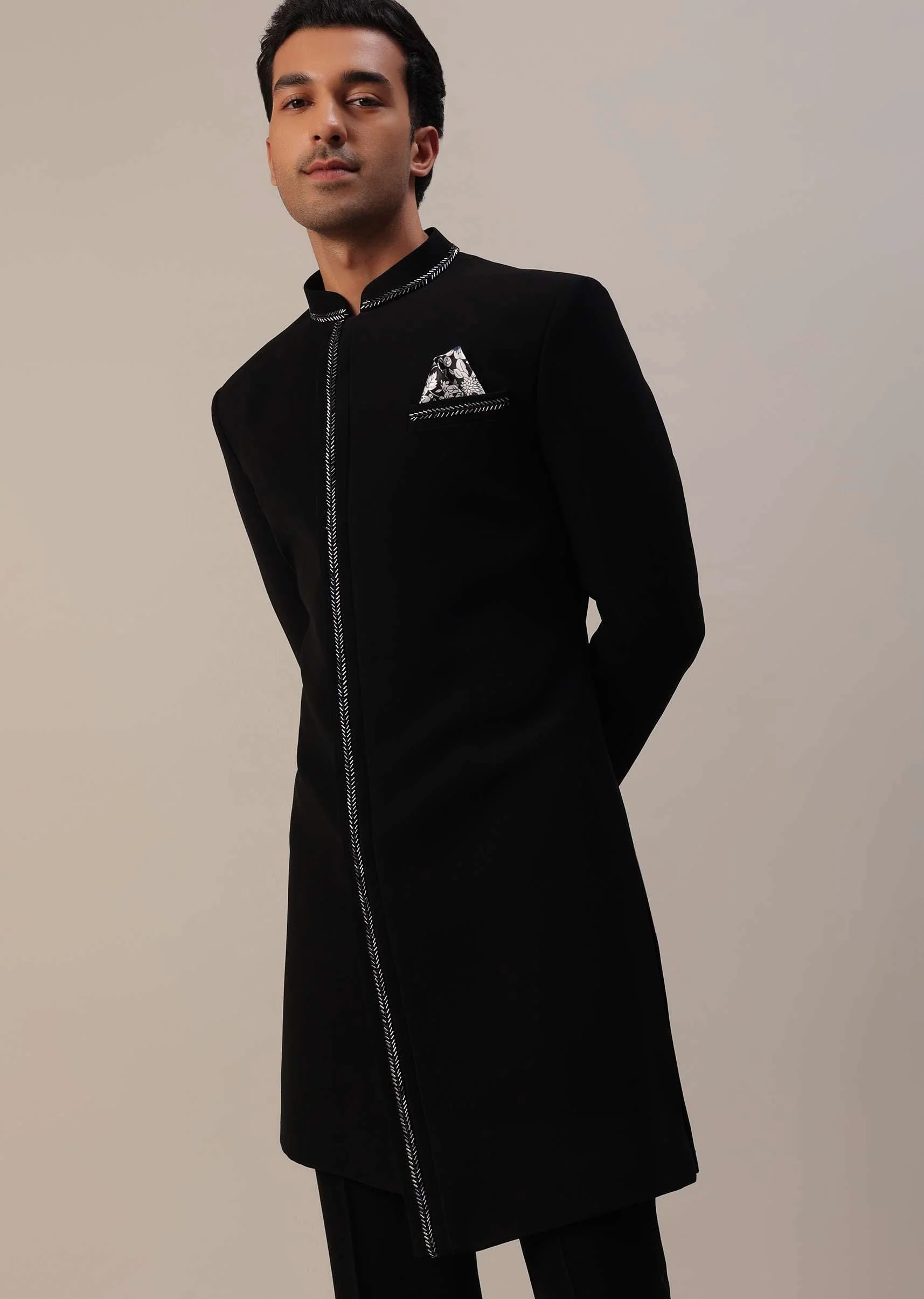 Black Cut Dana Embroidered Indowestern In Suiting Fabric - Image 5