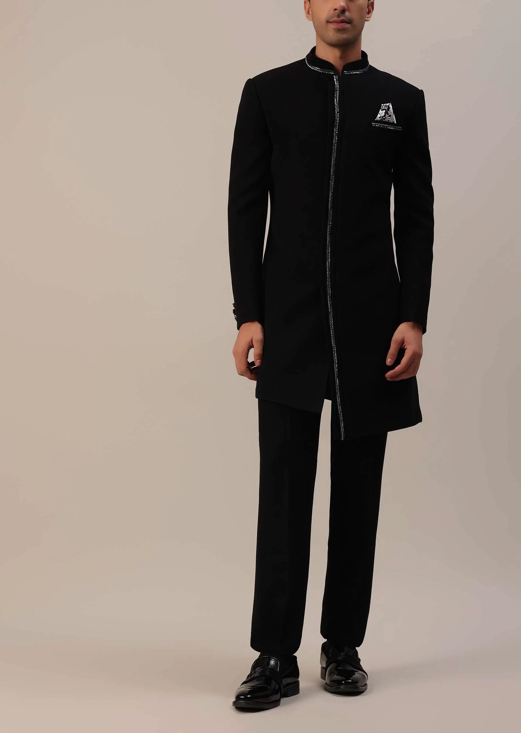 Black Cut Dana Embroidered Indowestern In Suiting Fabric - Image 6