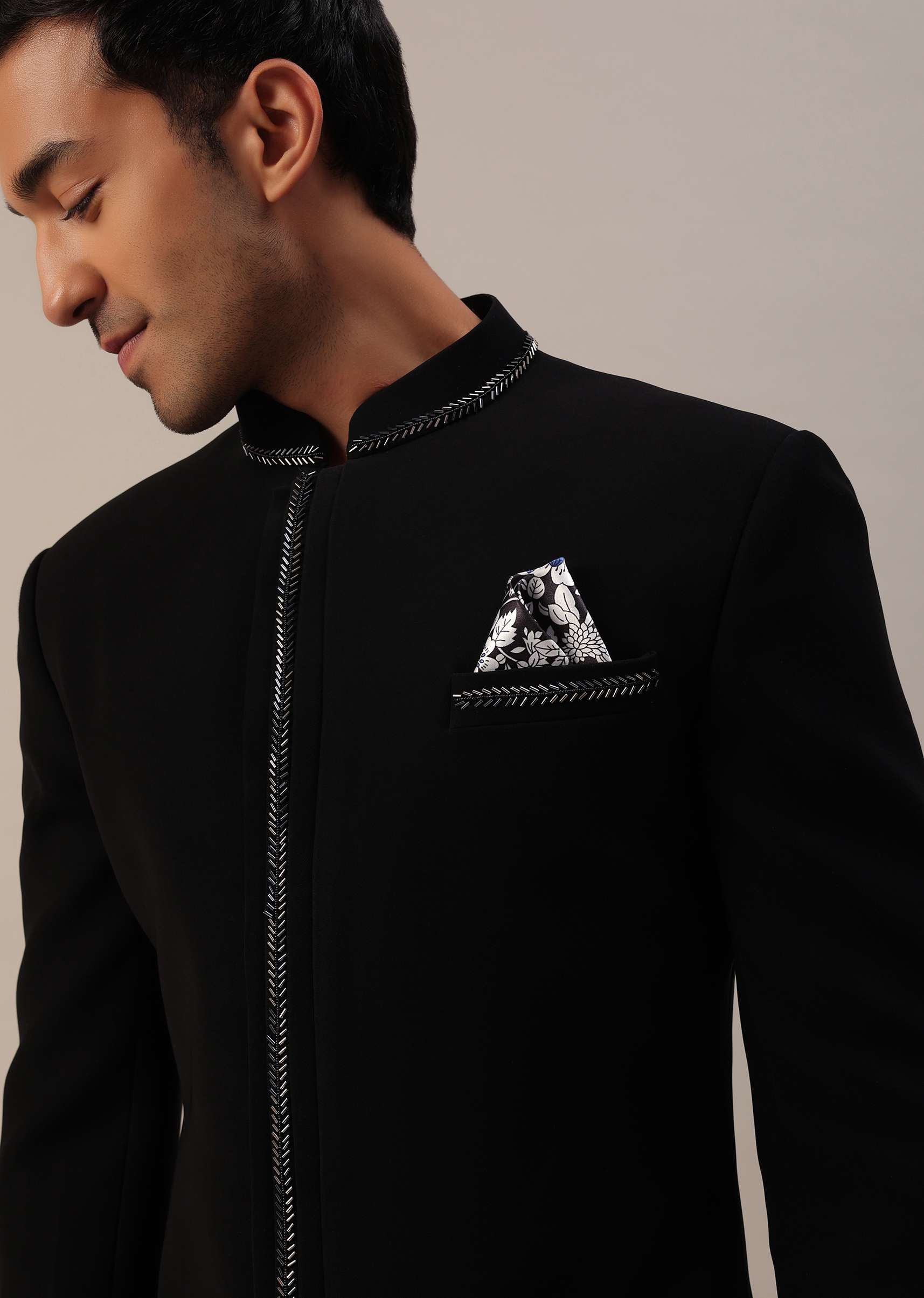Black Cut Dana Embroidered Indowestern In Suiting Fabric - Image 9