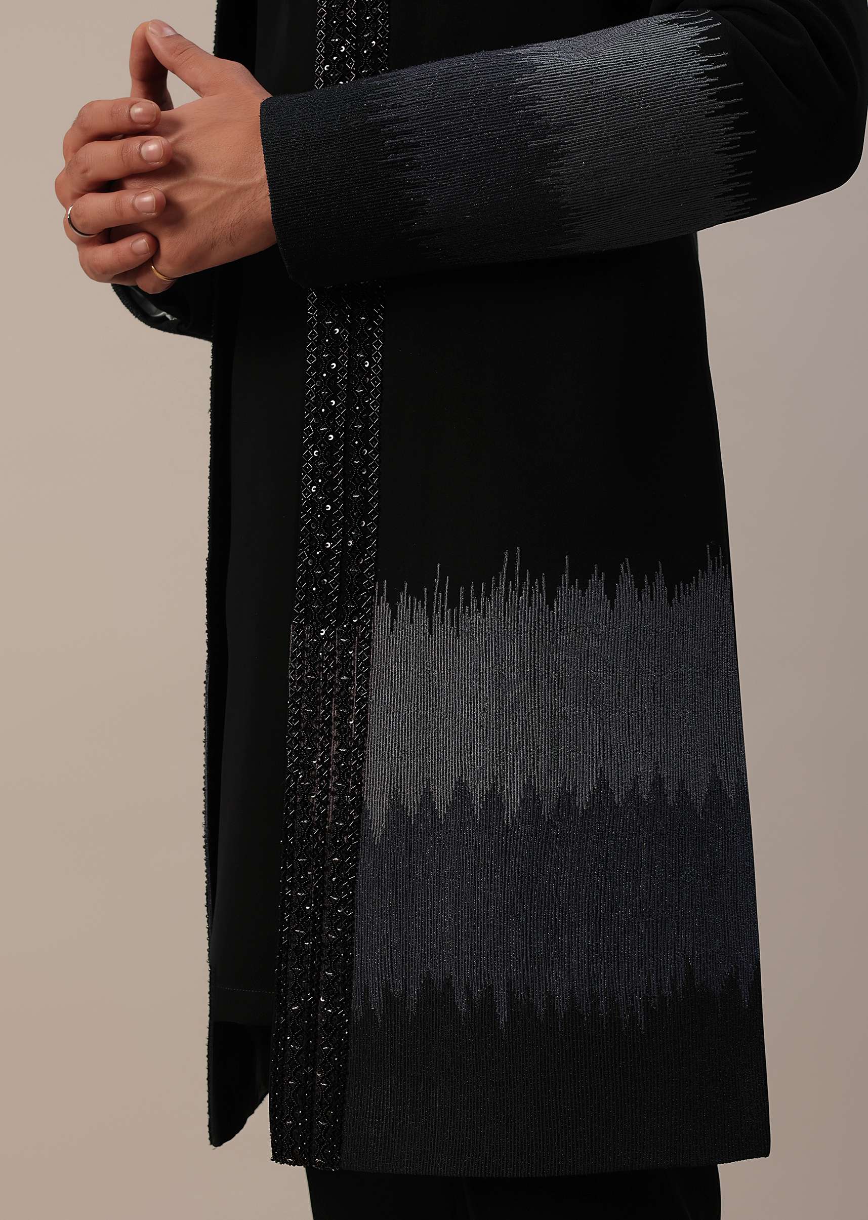 Black Cut Dana Embroidered Indowestern In Suiting Fabric - Image 3