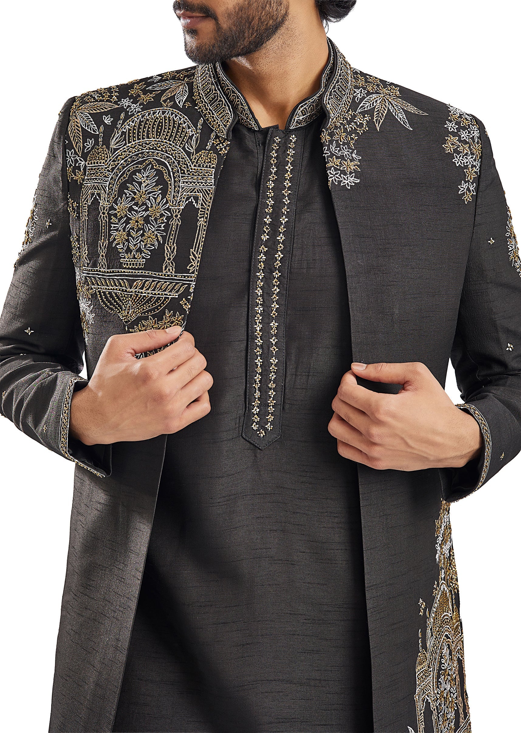 Black Cut Dana Thread Work Groomsman Sherwani - Image 5