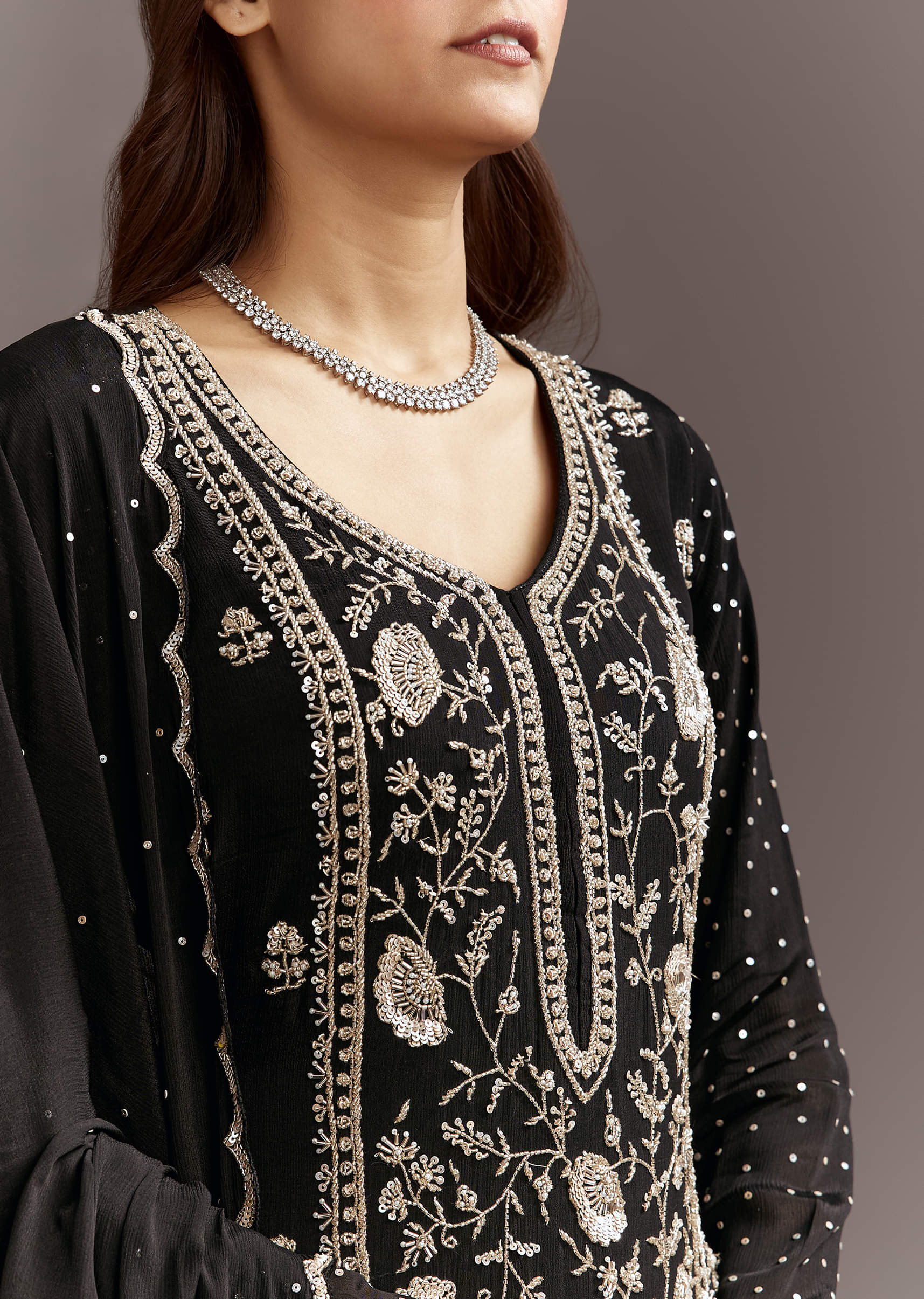 Black Cutdana And Sequins Kurta With Chinon Sharara And Dupatta - Image 3