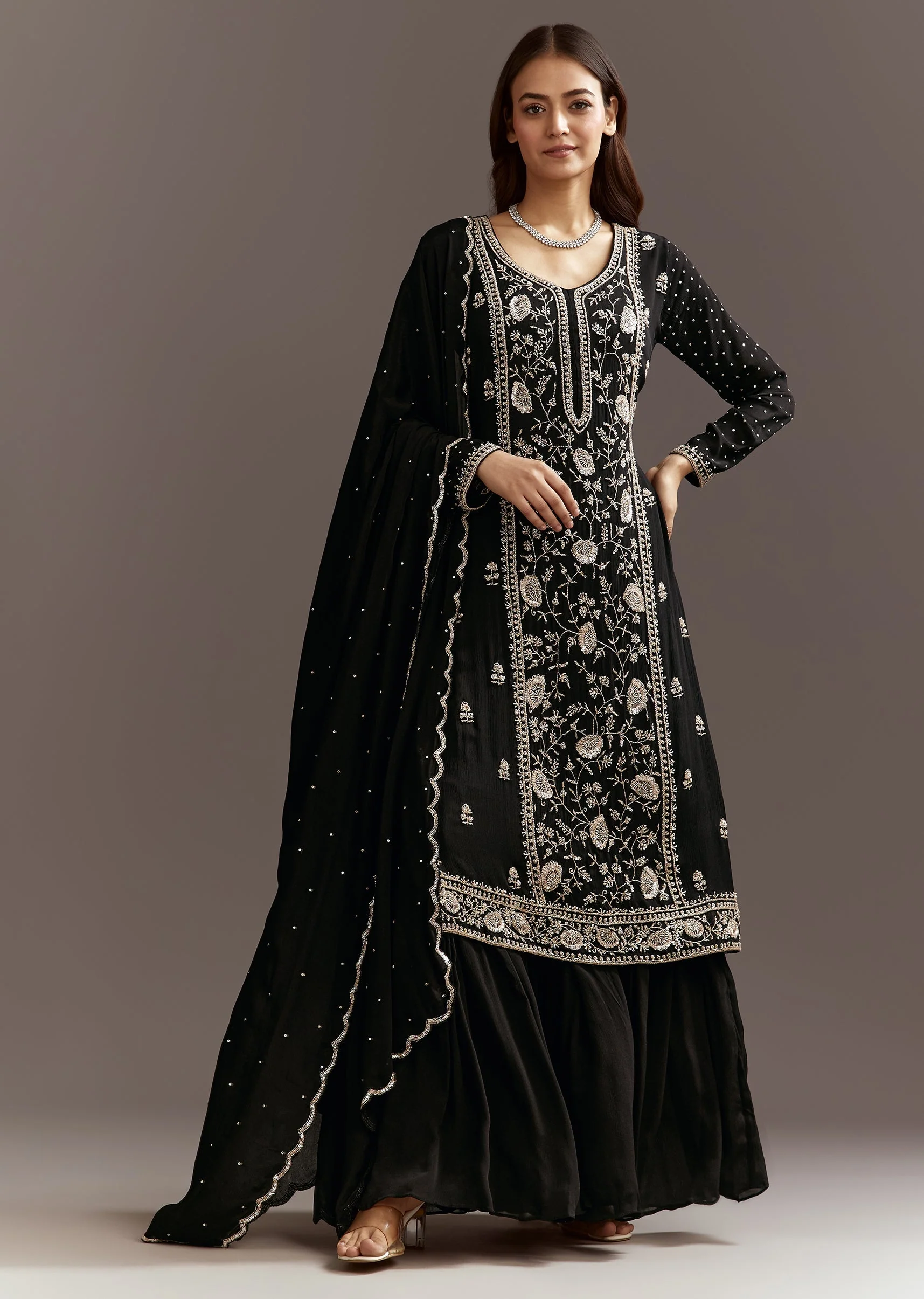 Black Cutdana And Sequins Kurta With Chinon Sharara And Dupatta - Image 4