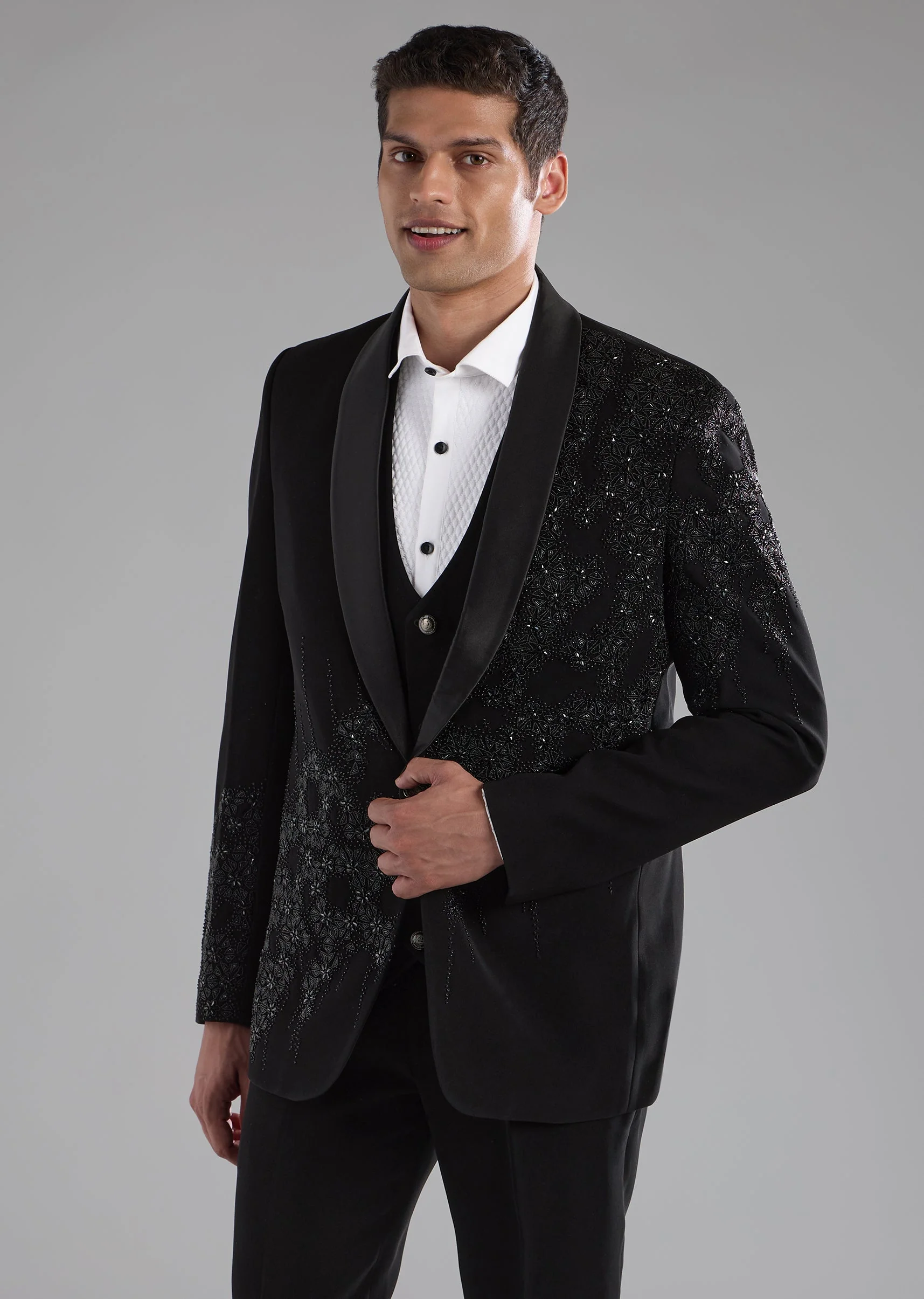 Black Cutdana Embellished Tuxedo Set
