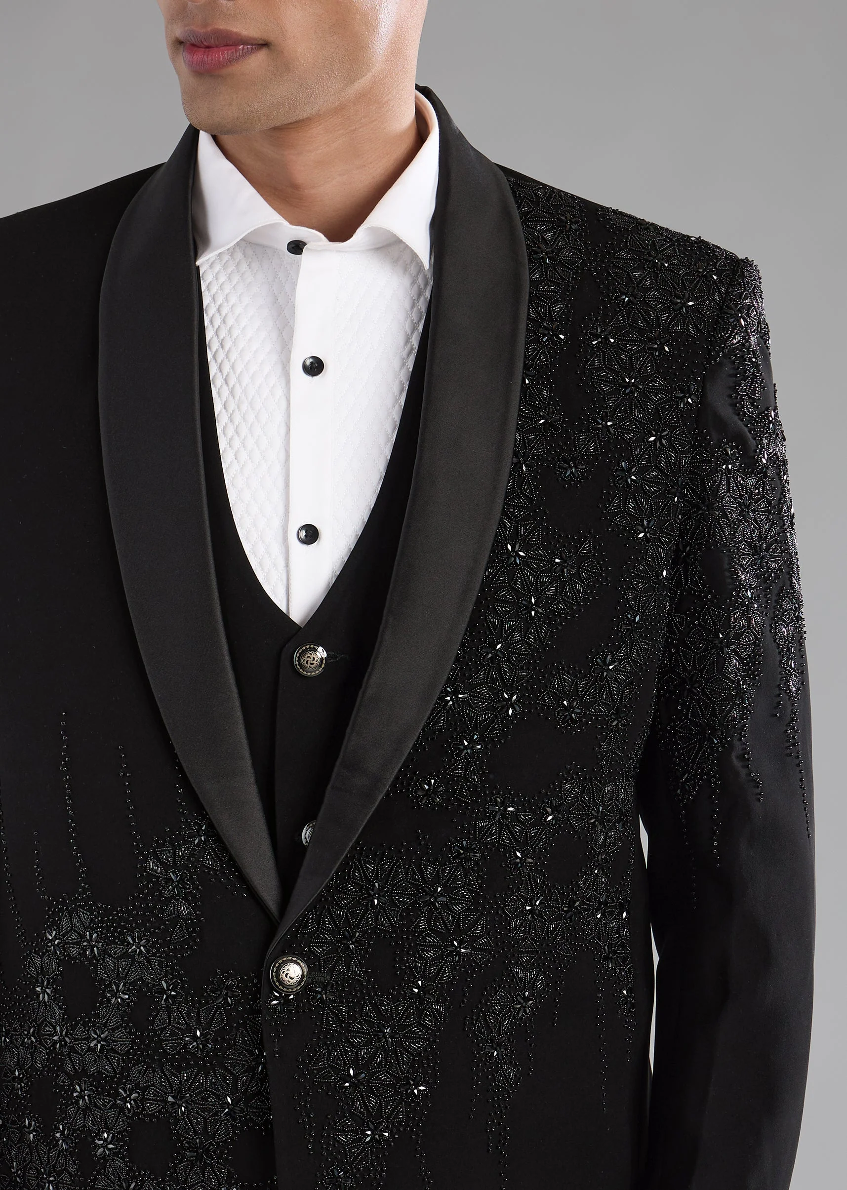 Black Cutdana Embellished Tuxedo Set - Image 3