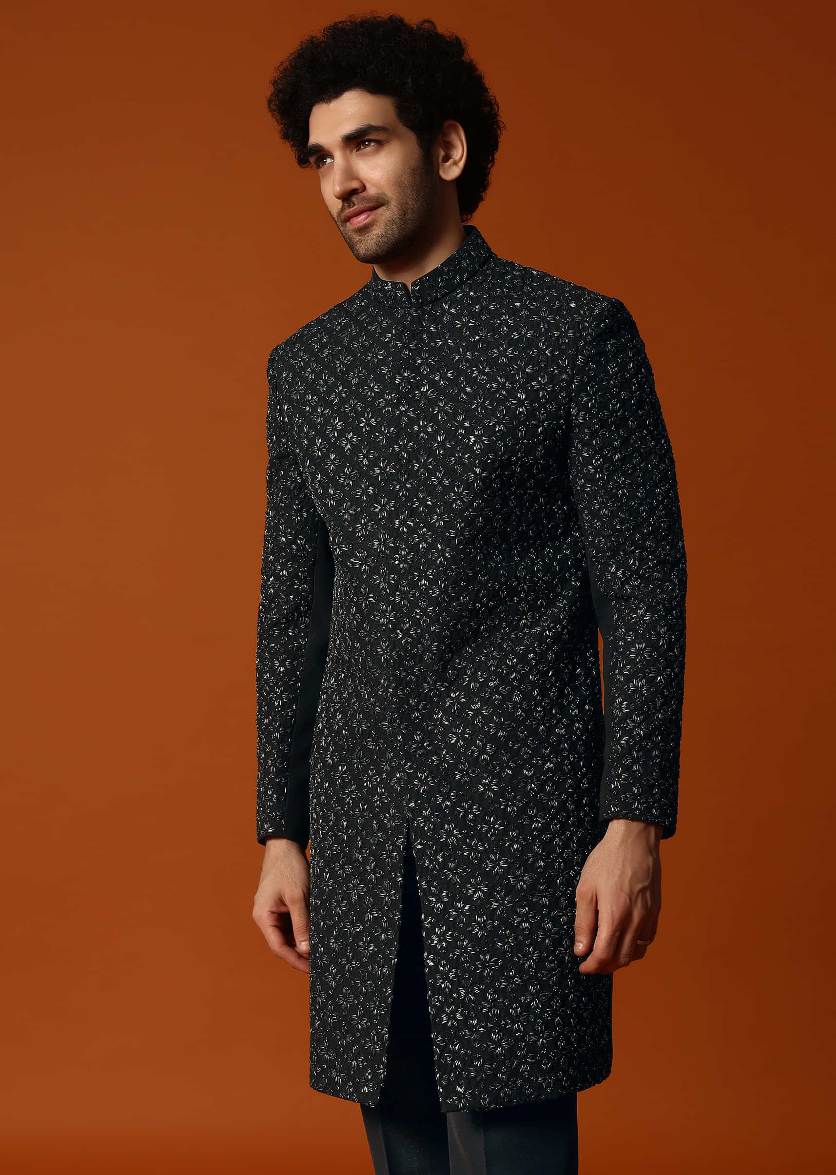 Black Cutdana Embroidered Indowestern Suit For Men - Image 2