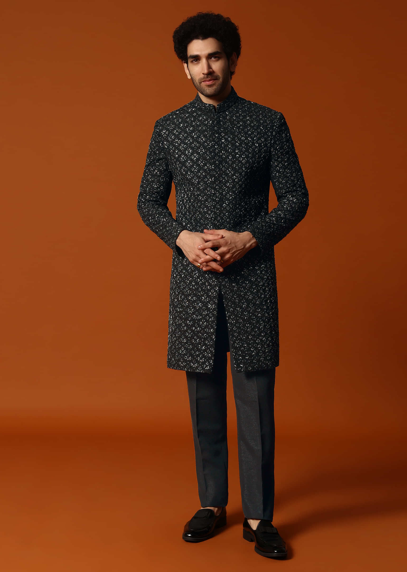 Black Cutdana Embroidered Indowestern Suit For Men - Image 3