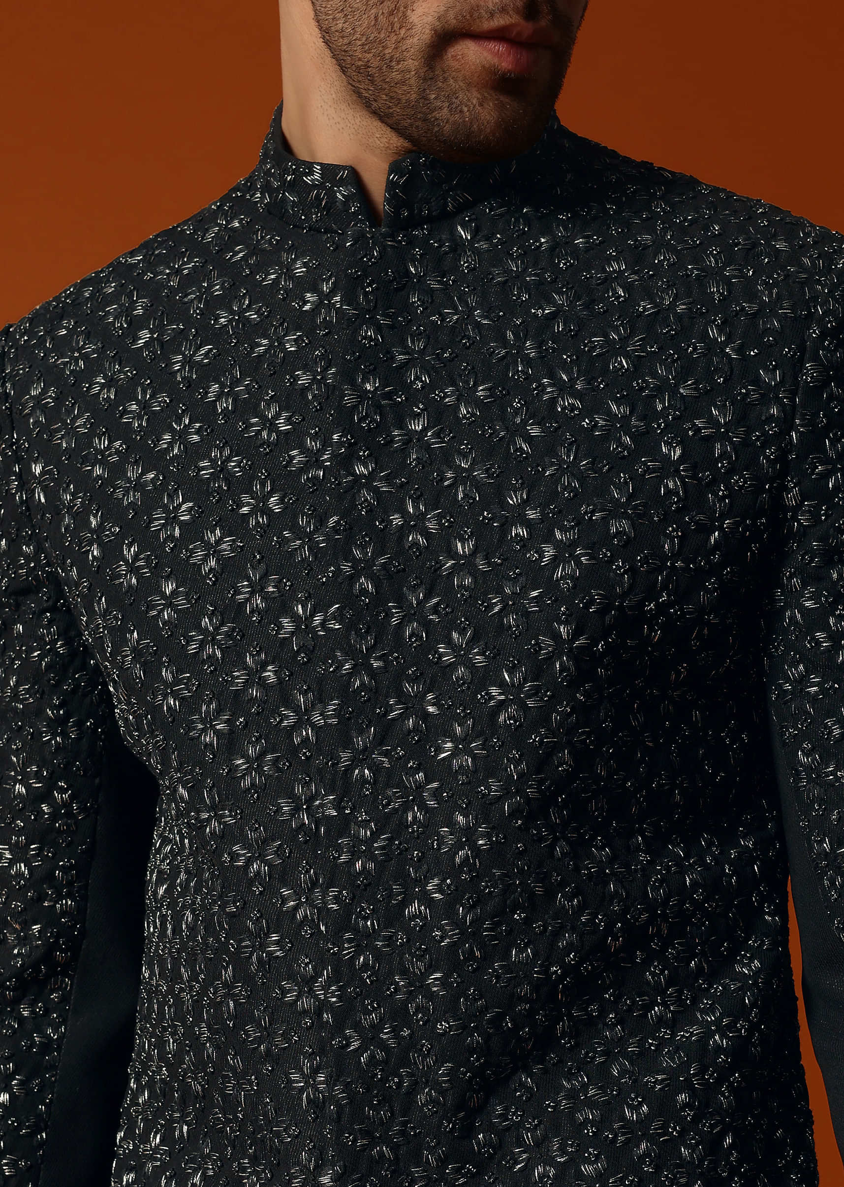 Black Cutdana Embroidered Indowestern Suit For Men - Image 4