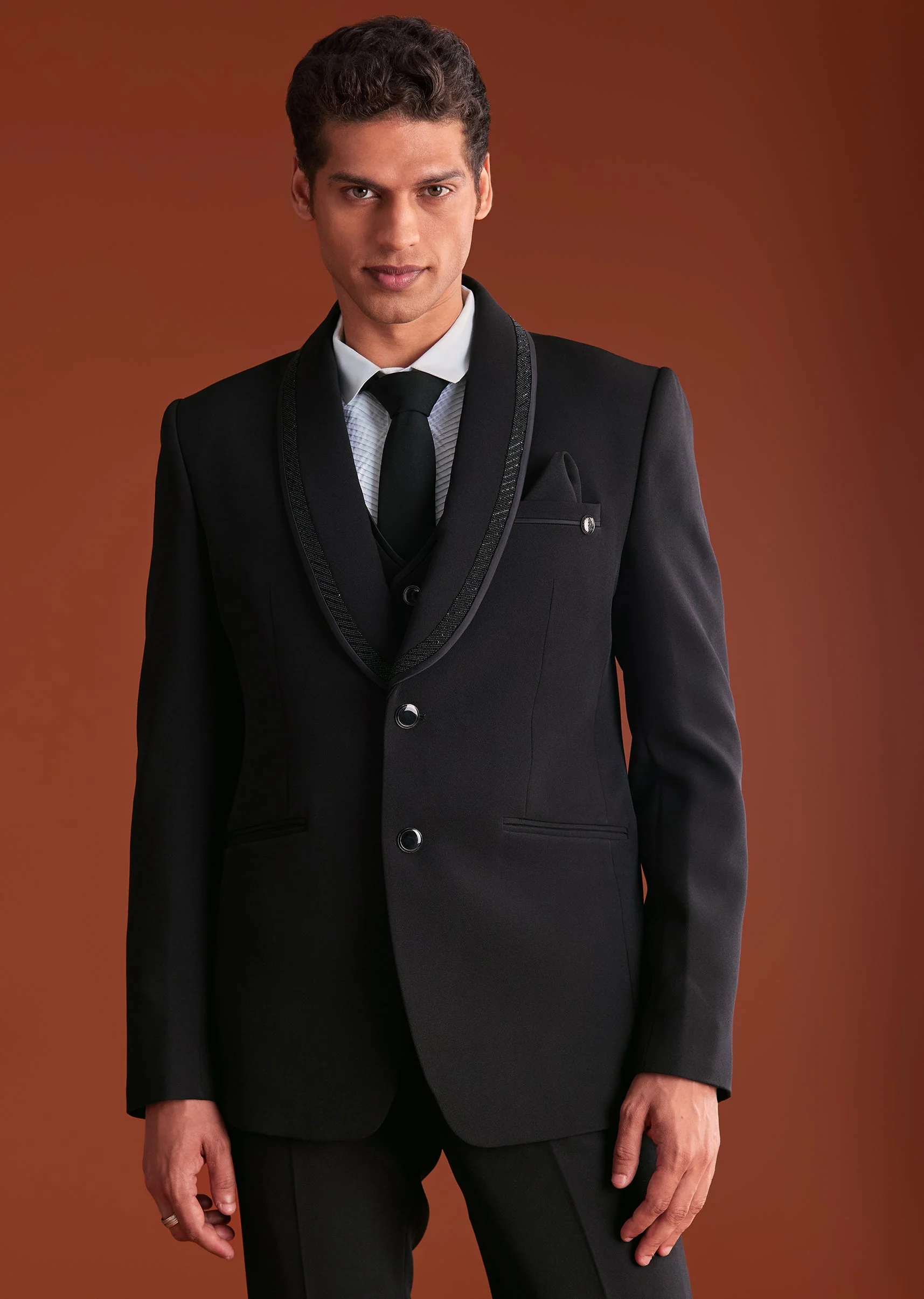 Black Cutdana Embroidereid Tuxedo Set With Accessories - Image 2