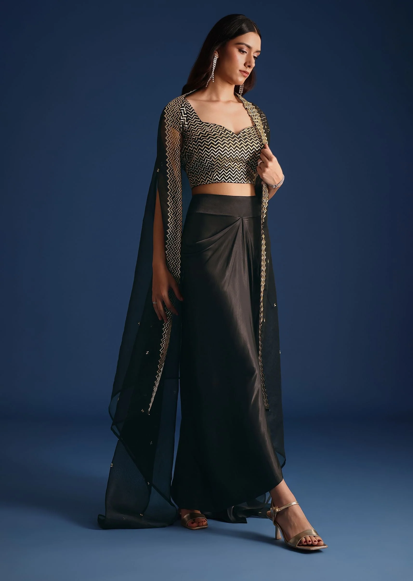 Black Cutdana Work Crop Top With Asymmetric Jacket And Skirt - Image 3