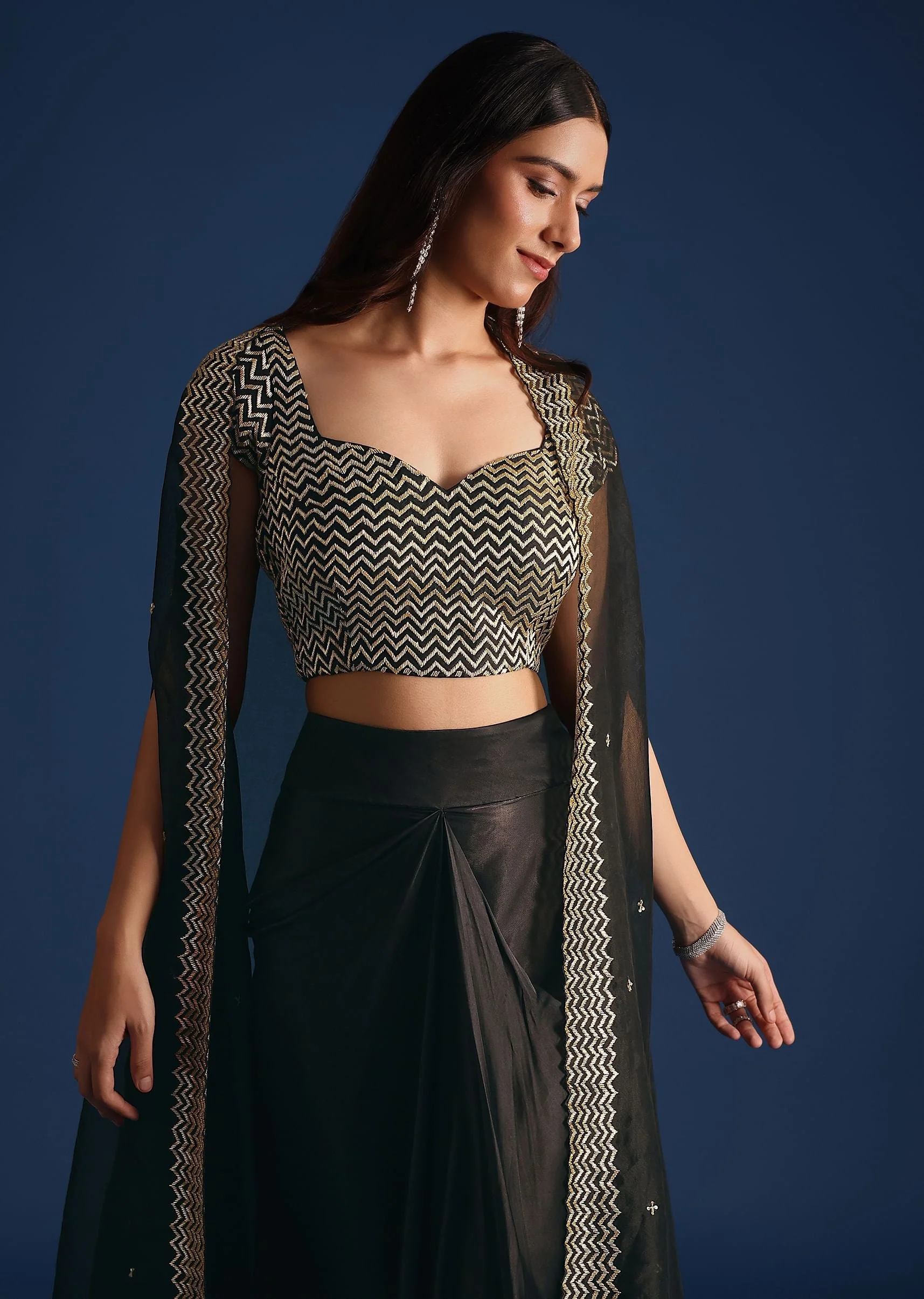 Black Cutdana Work Crop Top With Asymmetric Jacket And Skirt - Image 4