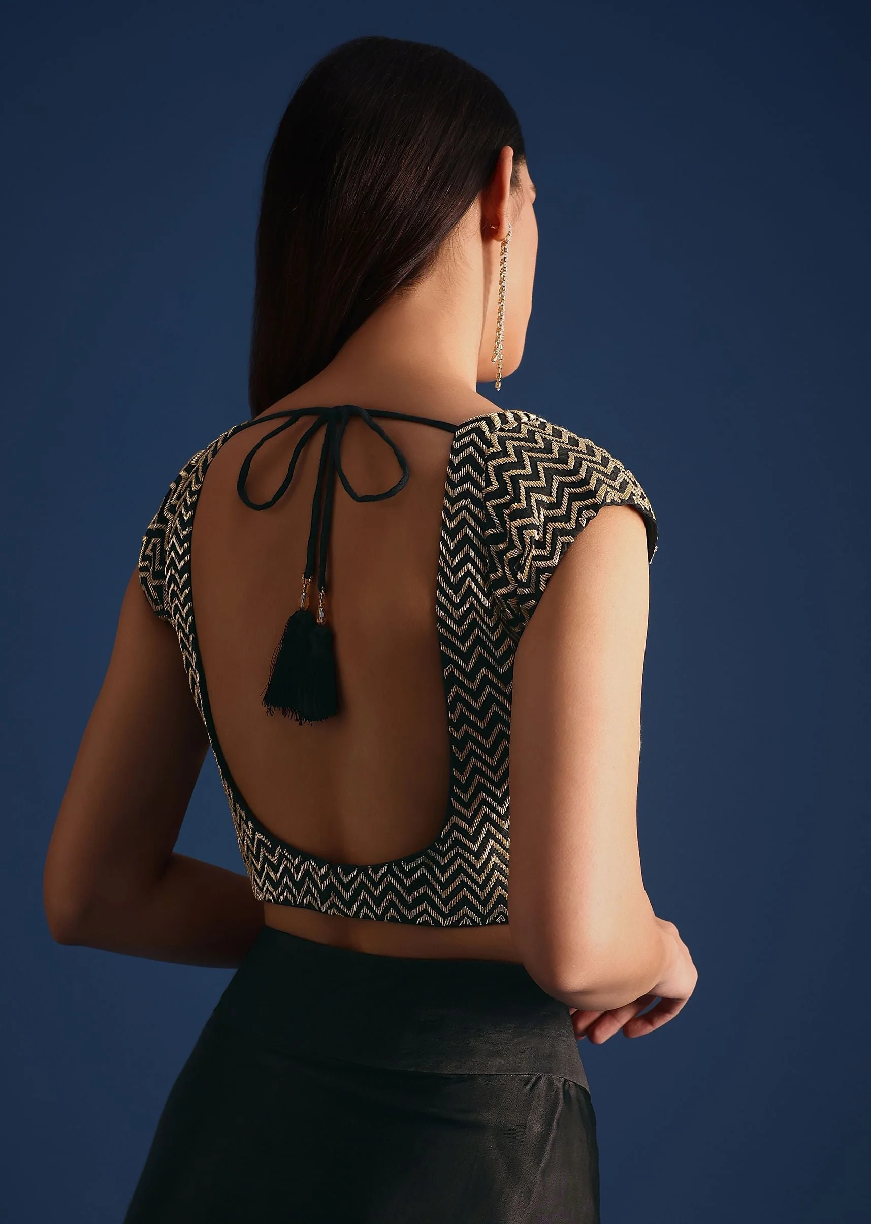 Black Cutdana Work Crop Top With Asymmetric Jacket And Skirt - Image 7