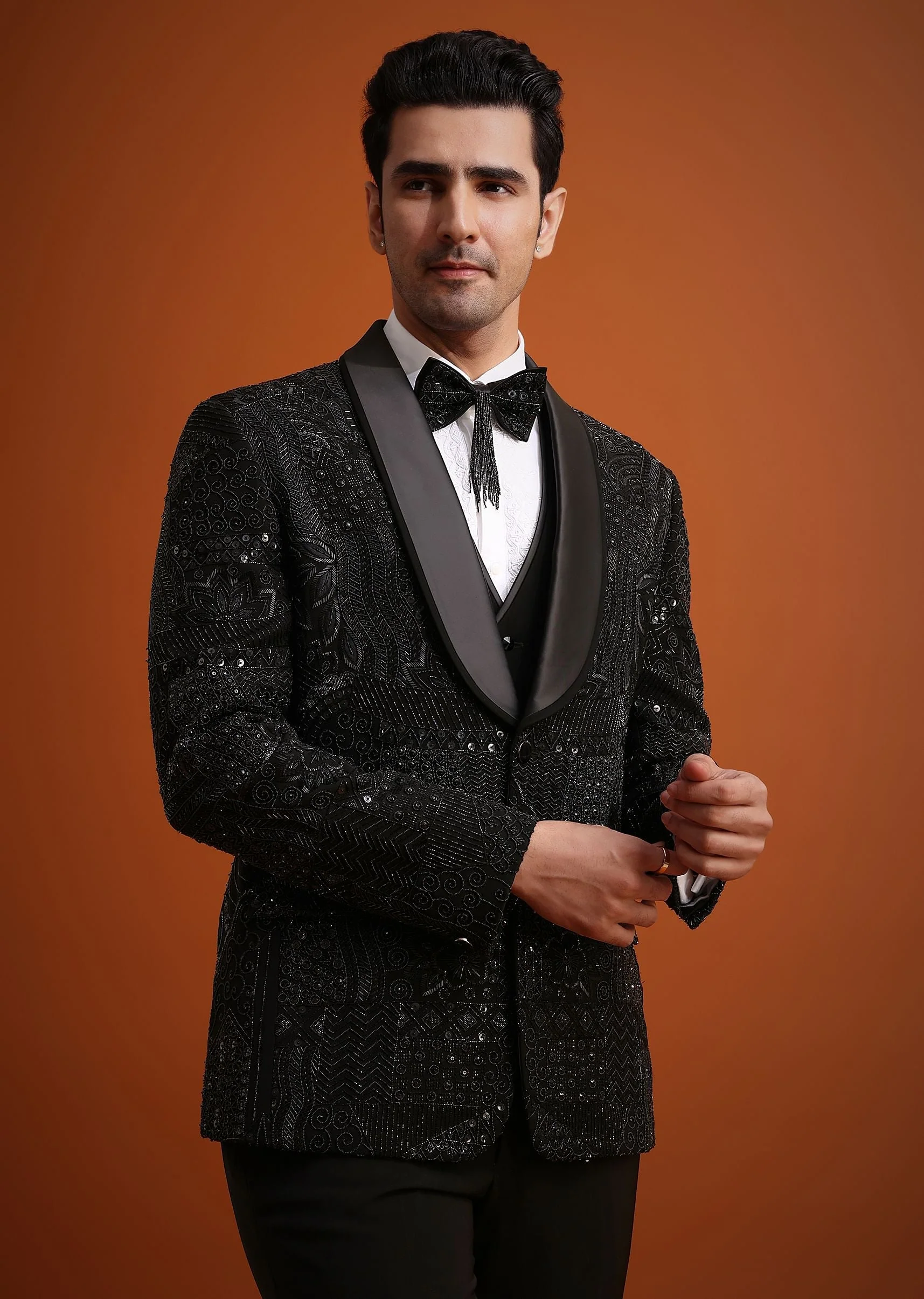 Black Cutwork Stone Embellished Tuxedo Set - Image 4