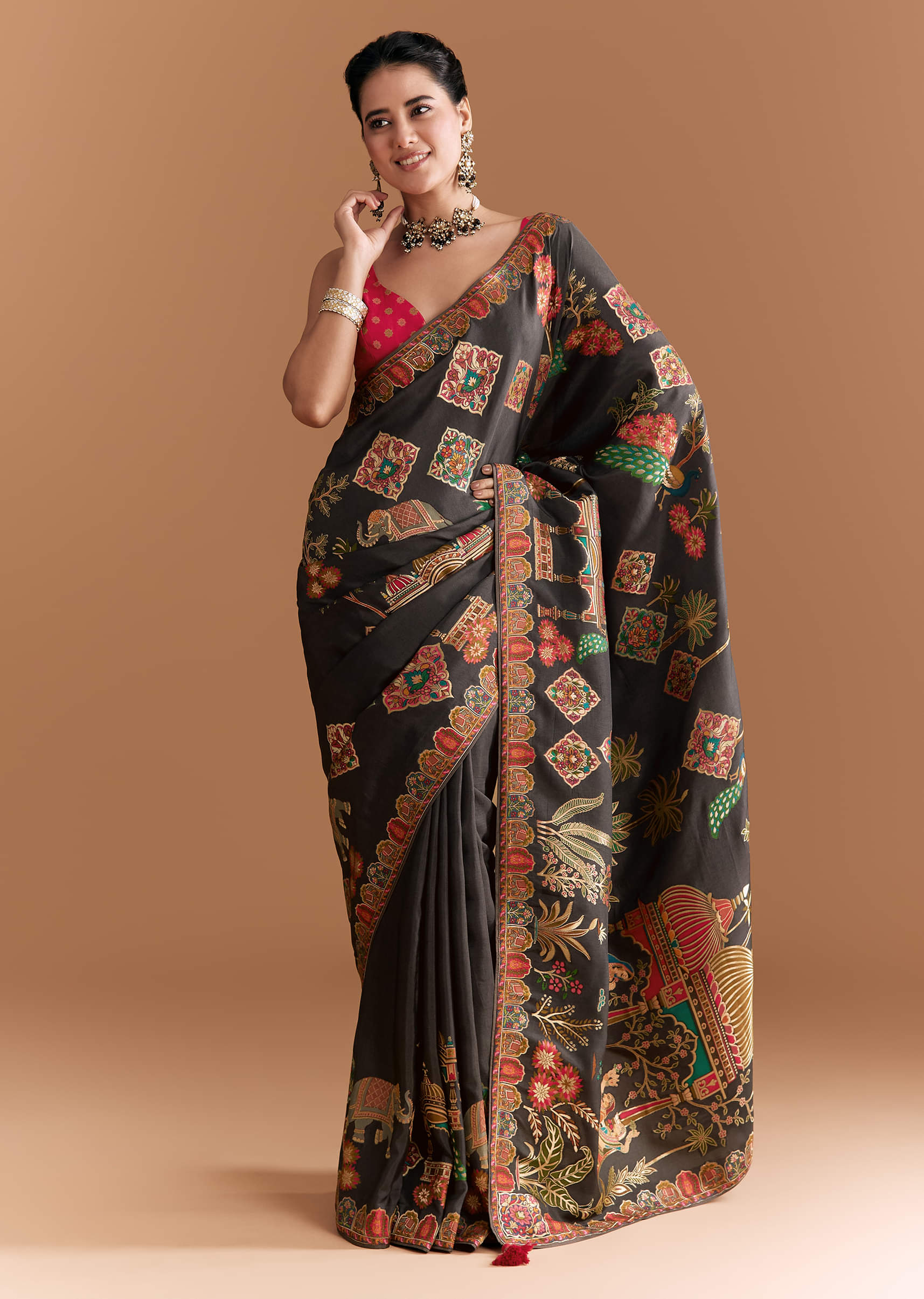 Black Dola Silk Saree With Madhubani Weave And Embroidery - Image 3