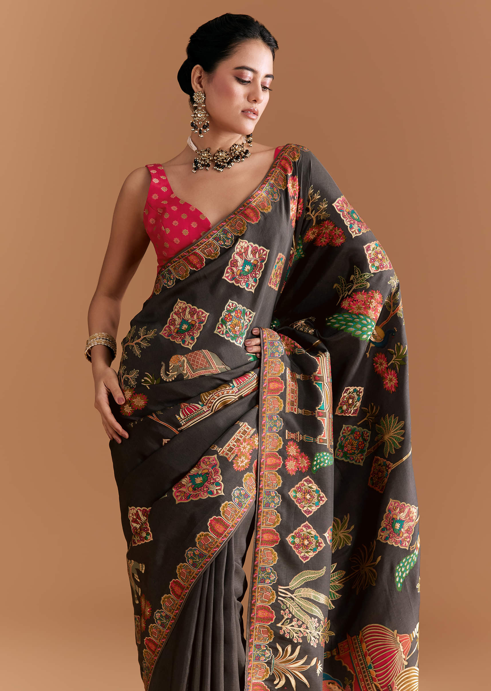 Black Dola Silk Saree With Madhubani Weave And Embroidery - Image 5