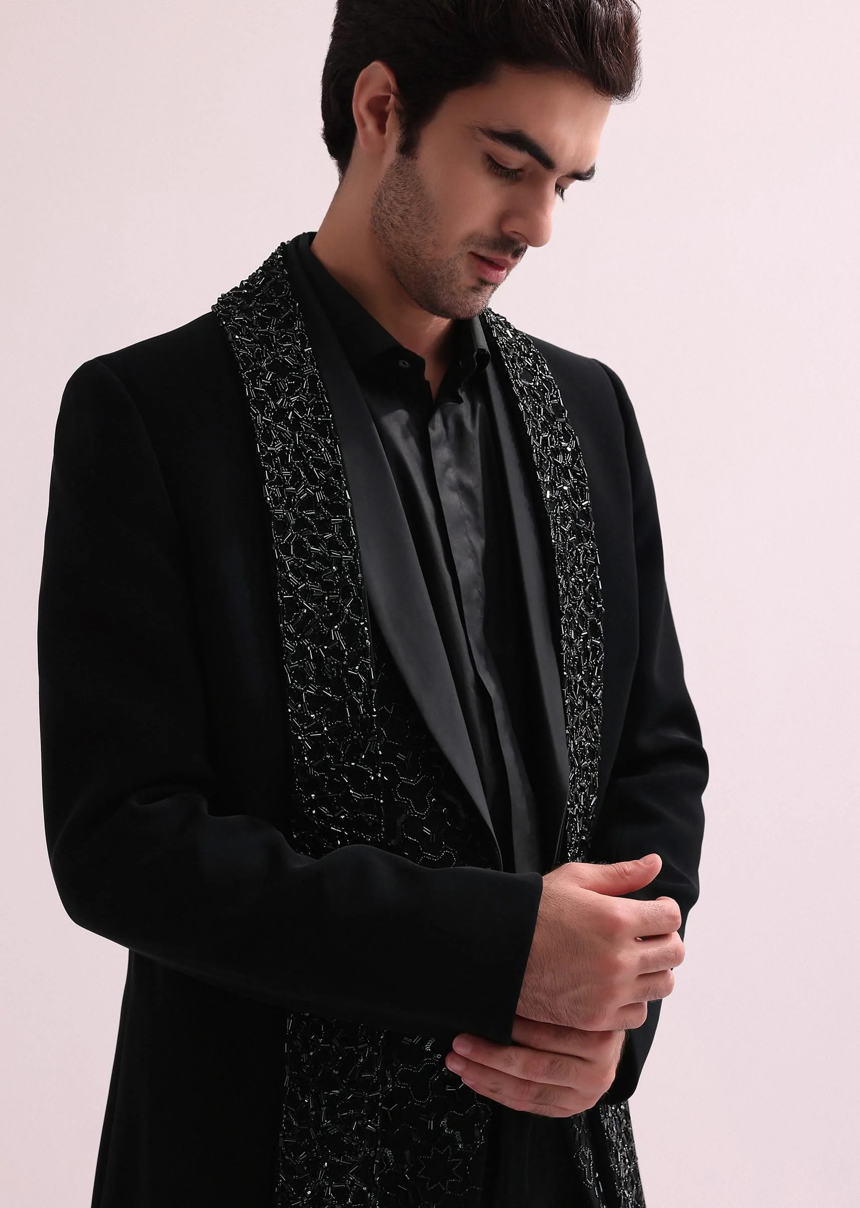 Aditya Roy Kapur In Our Black Double Layered Indo Western Jacket With Shirt And Pant - Image 2