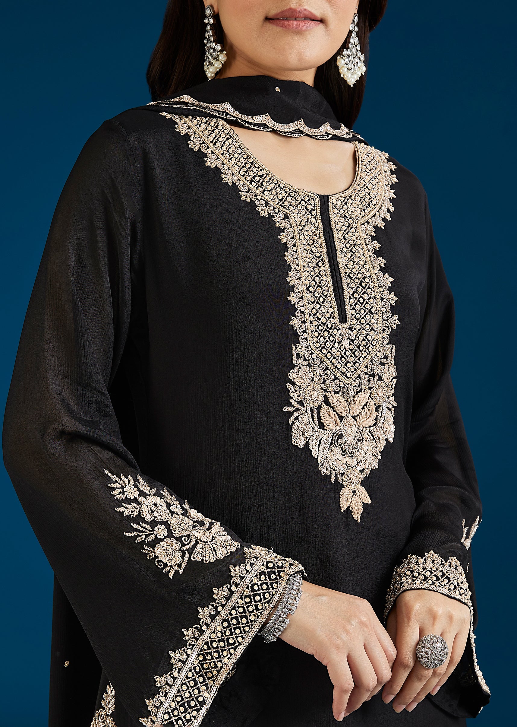 Black Embellished Chinon Palazzo Suit With Dupatta - Image 2