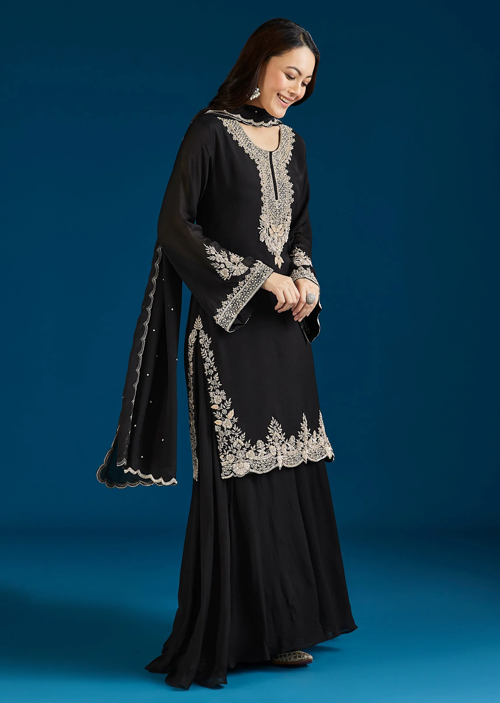 Black Embellished Chinon Palazzo Suit With Dupatta - Image 3