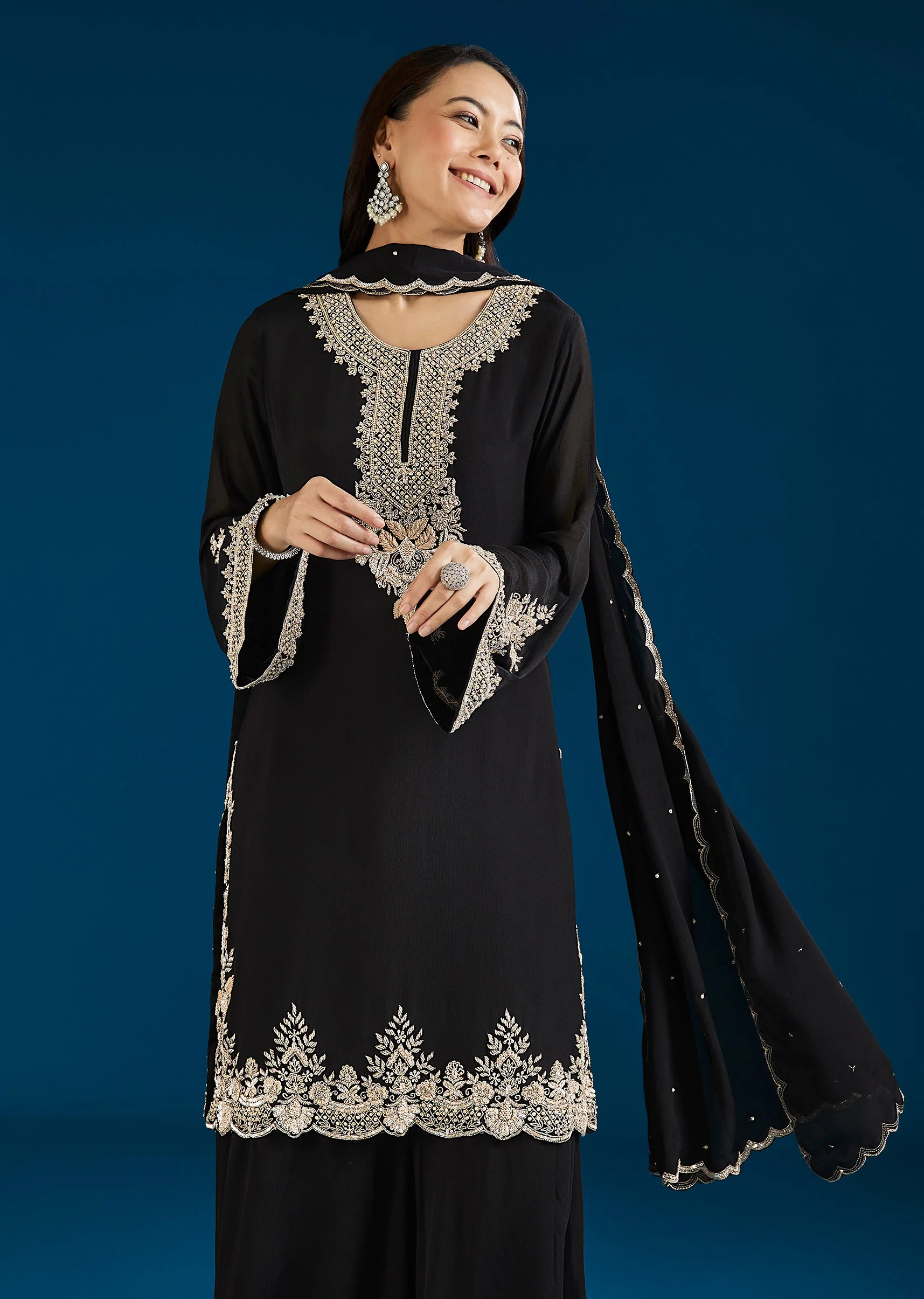 Black Embellished Chinon Palazzo Suit With Dupatta - Image 4