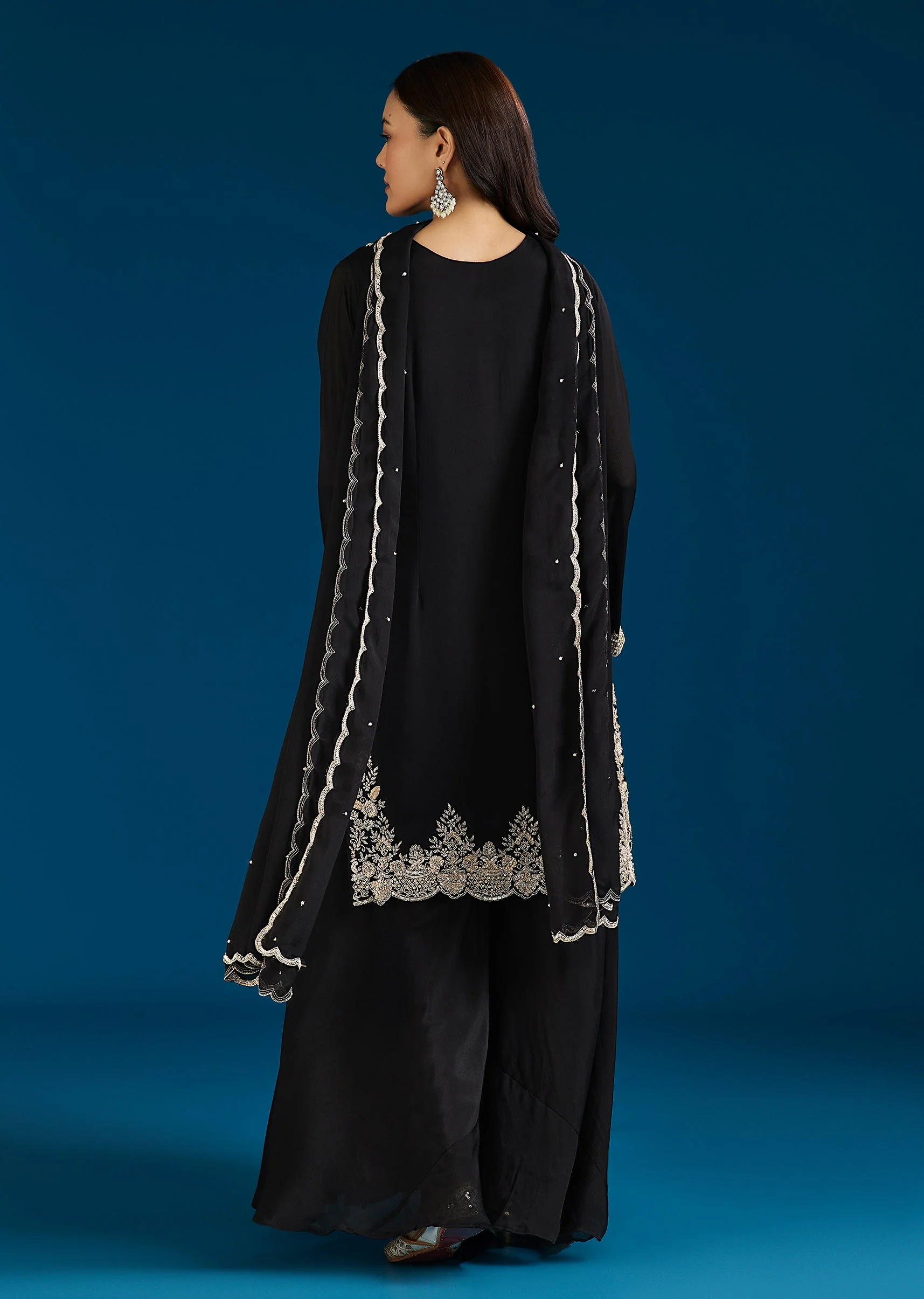 Black Embellished Chinon Palazzo Suit With Dupatta - Image 5