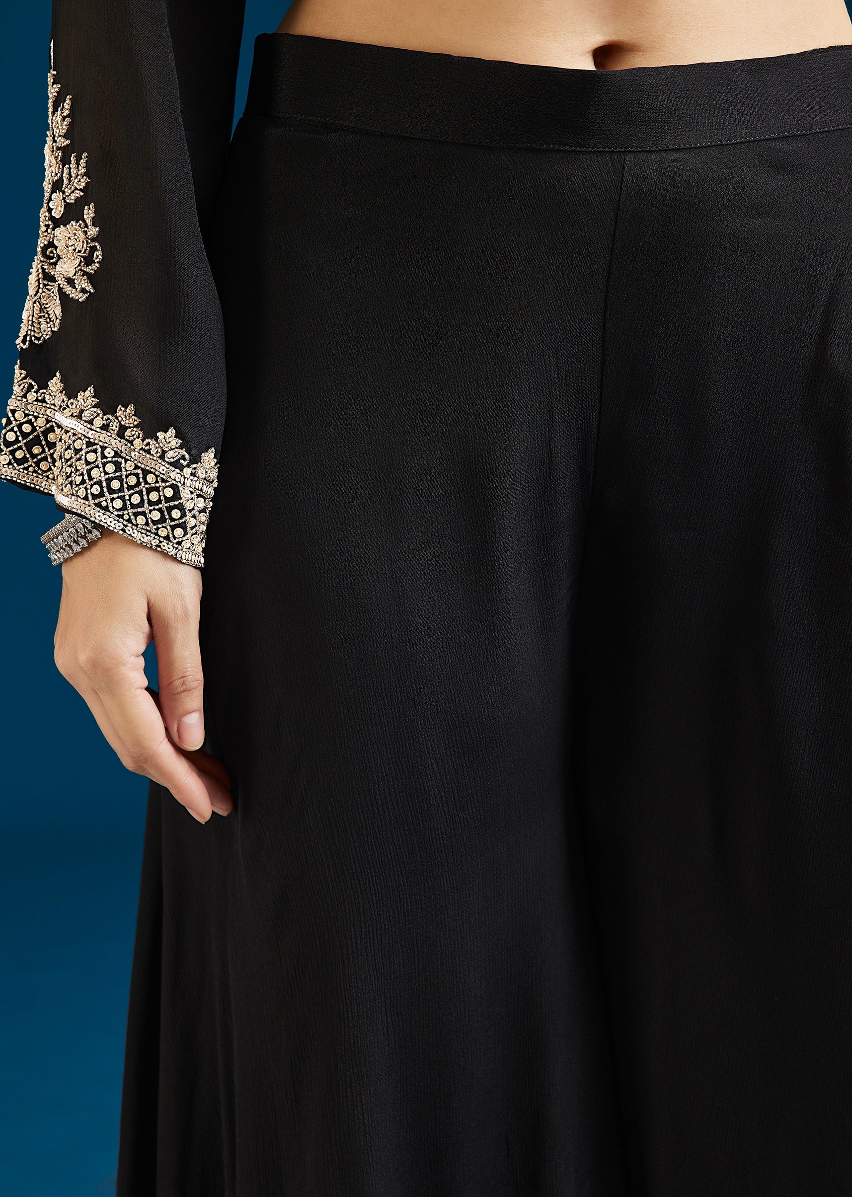 Black Embellished Chinon Palazzo Suit With Dupatta - Image 6