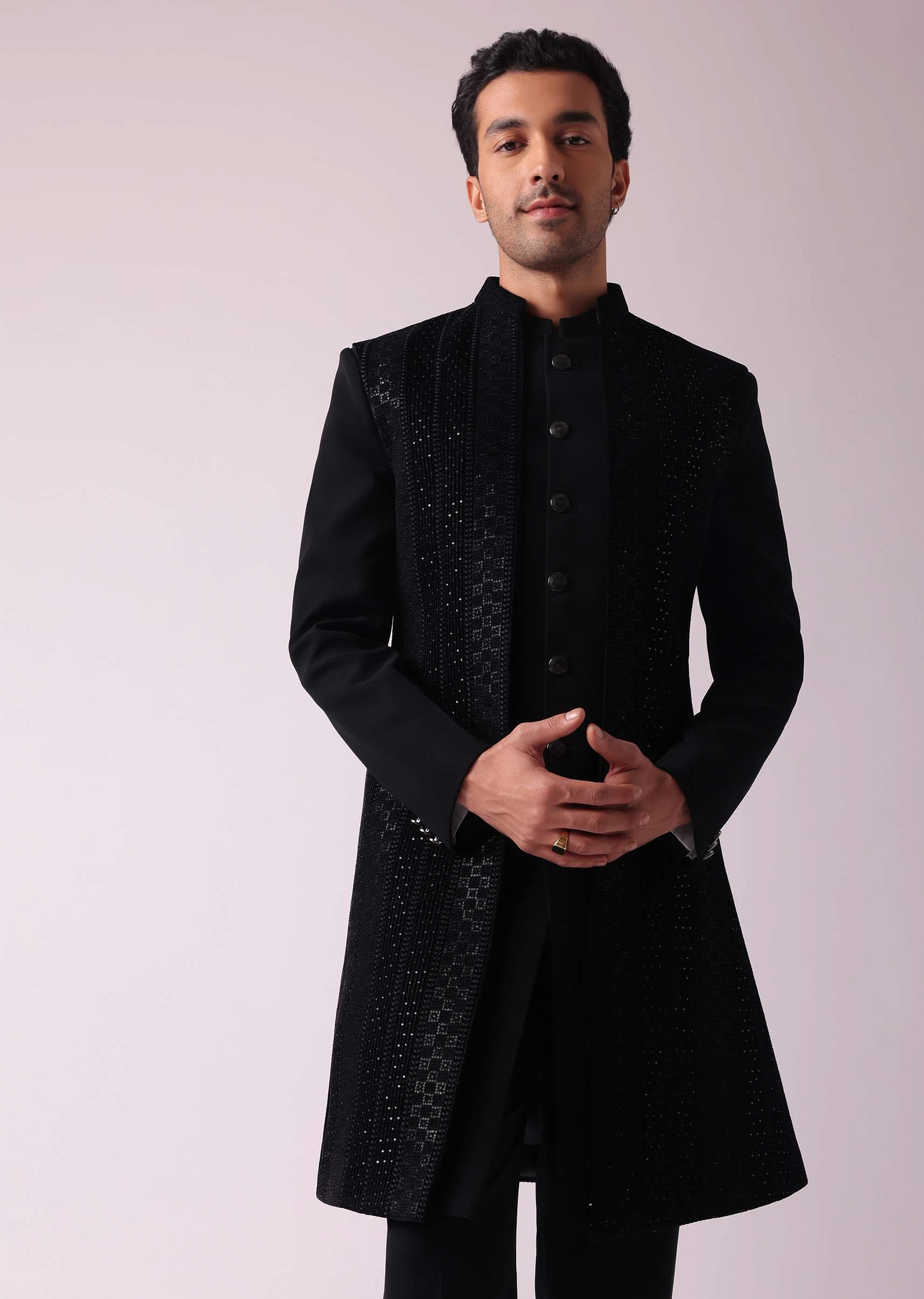 Black Embellished Indowestern In Suiting Fabric - Image 3