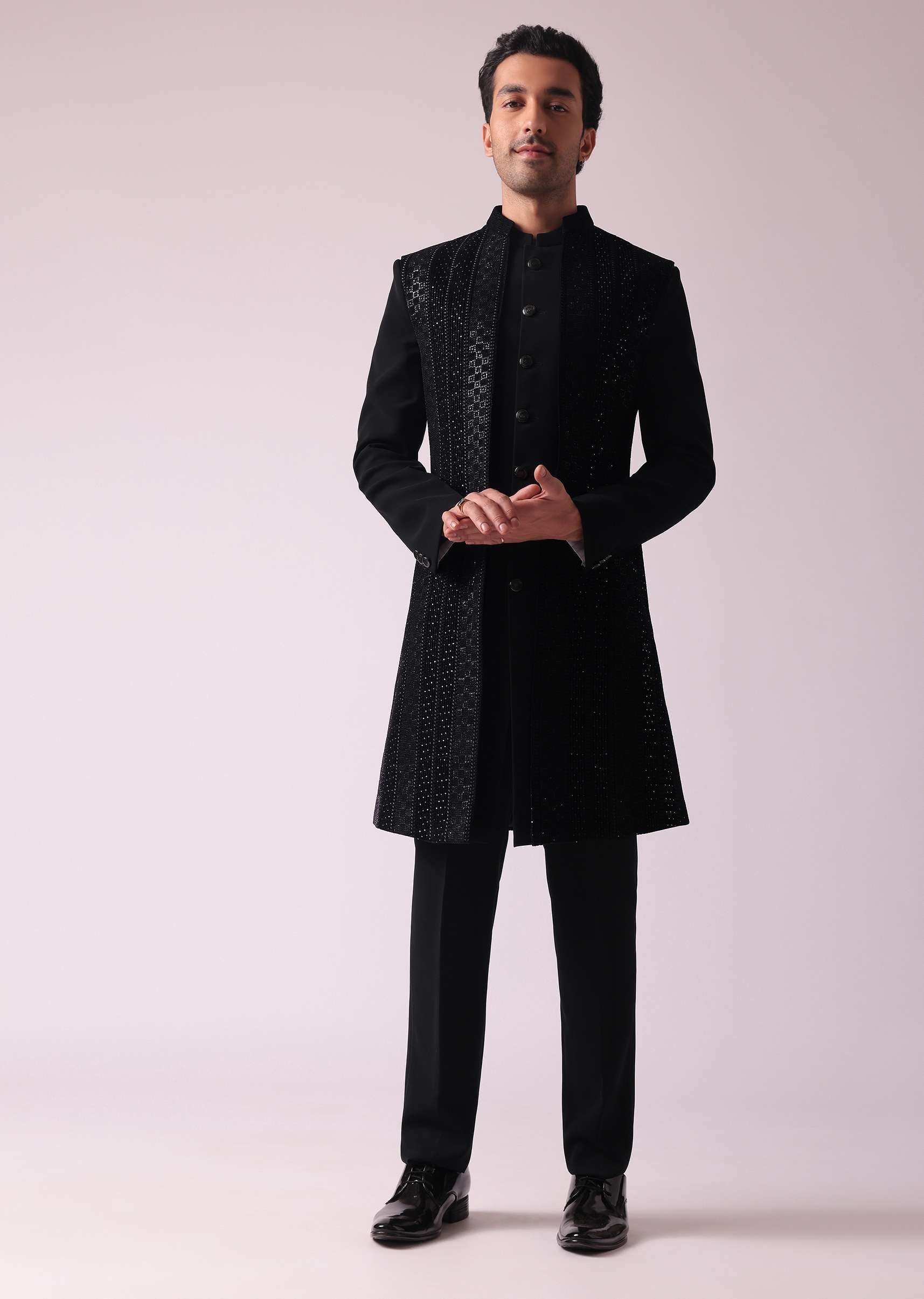 Black Embellished Indowestern In Suiting Fabric - Image 4