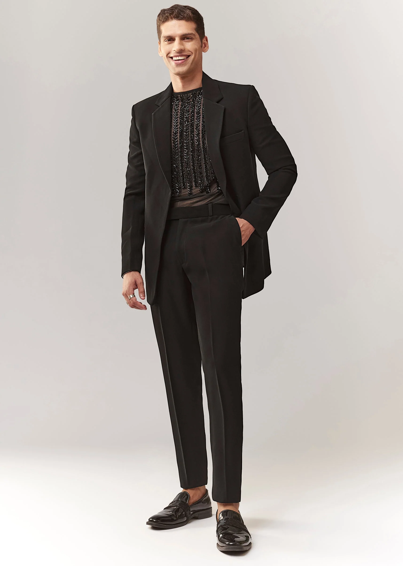 Black Embellished Jersey Indo Western Set With Zip Closure