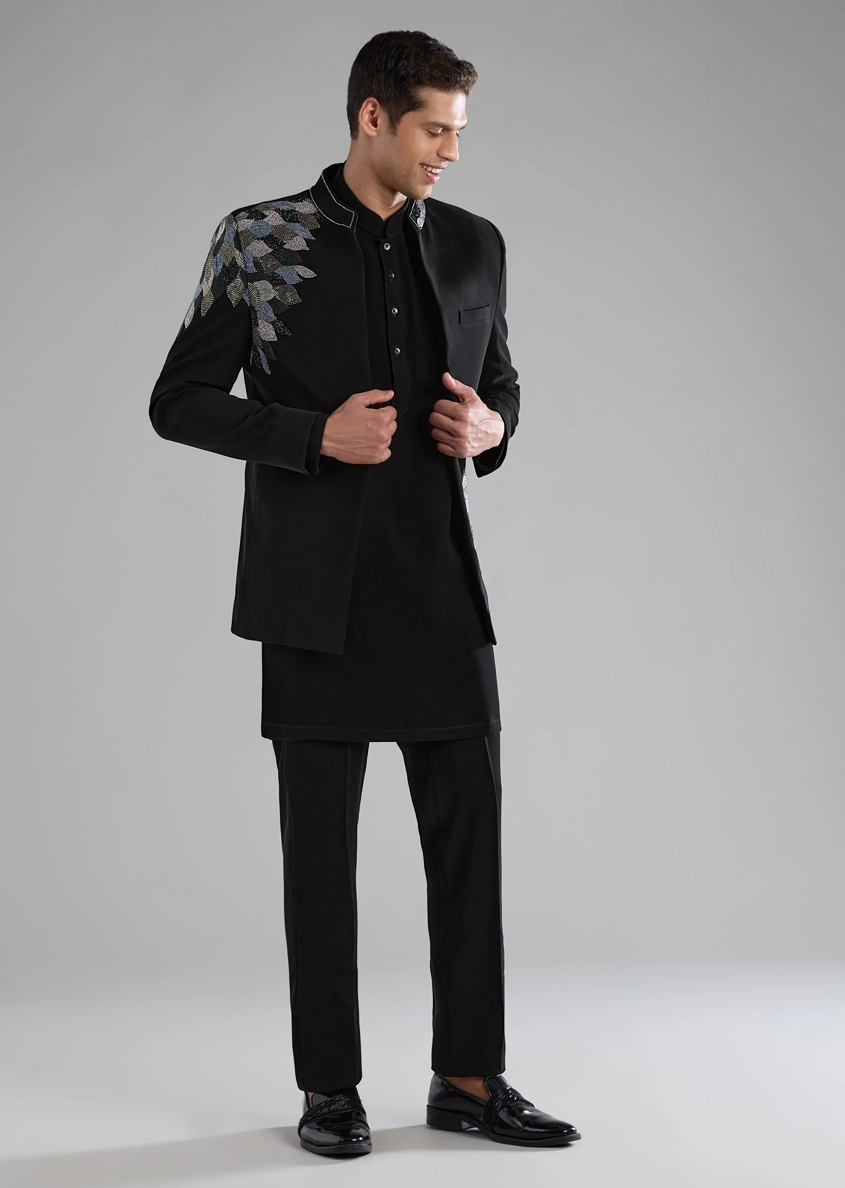 Black Embellished Jodhpuri Kurta Set with Resham Work - Image 2