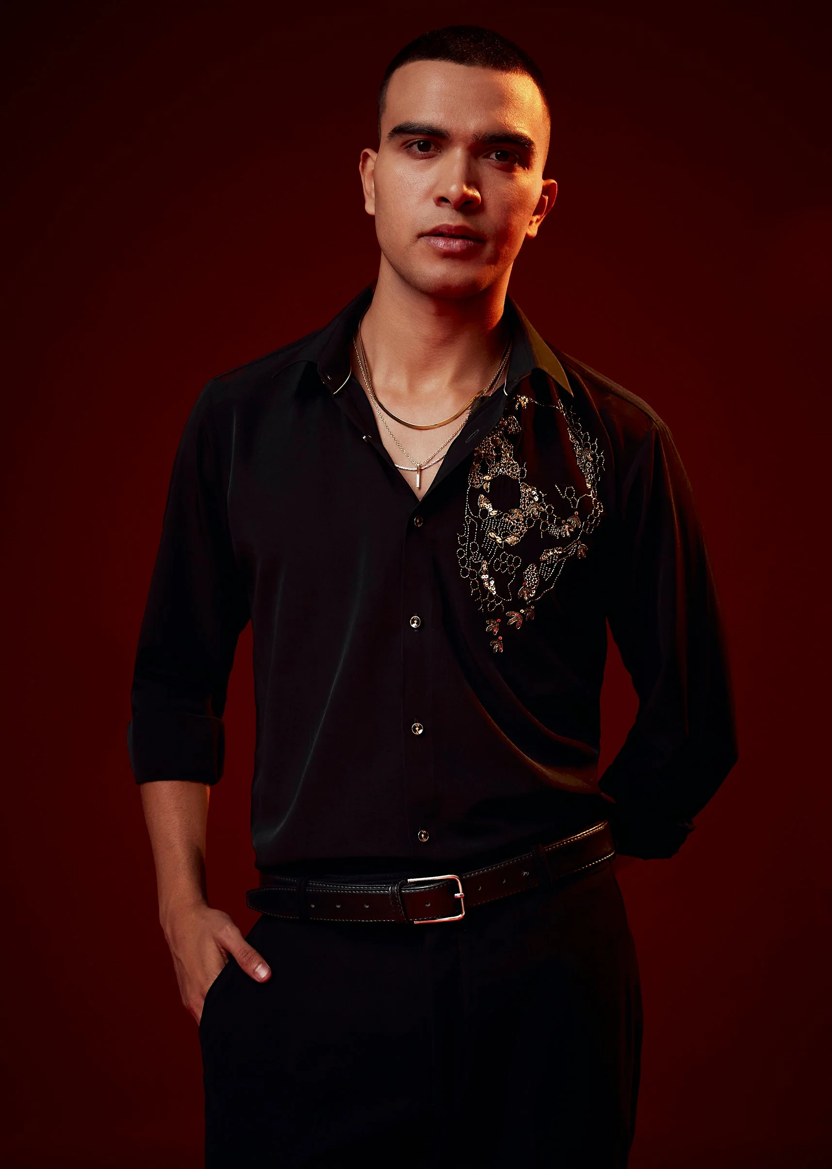 Black Embellished Polyester Party Shirt - Image 3