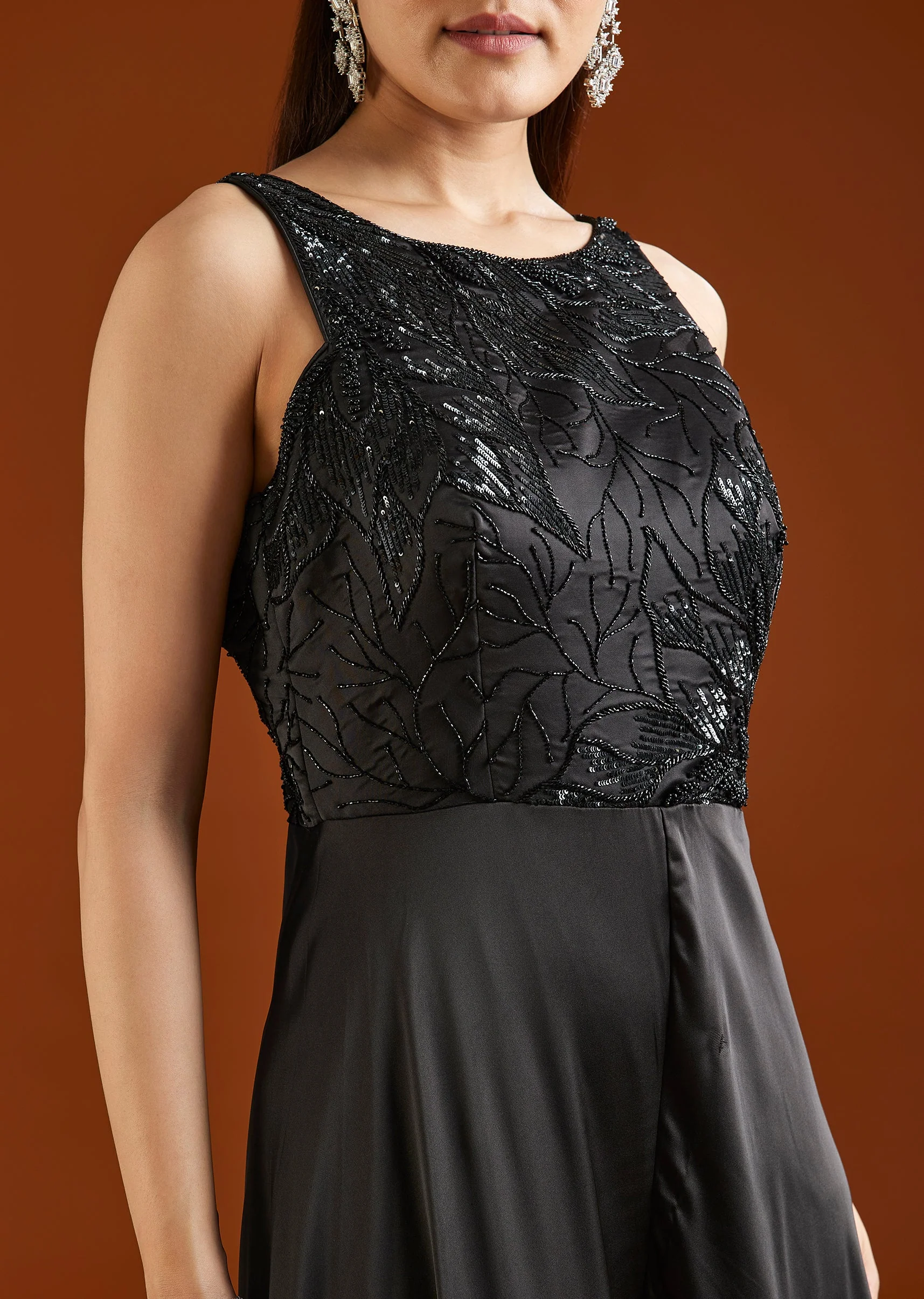 Black Embellished Satin Jumpsuit - Image 2